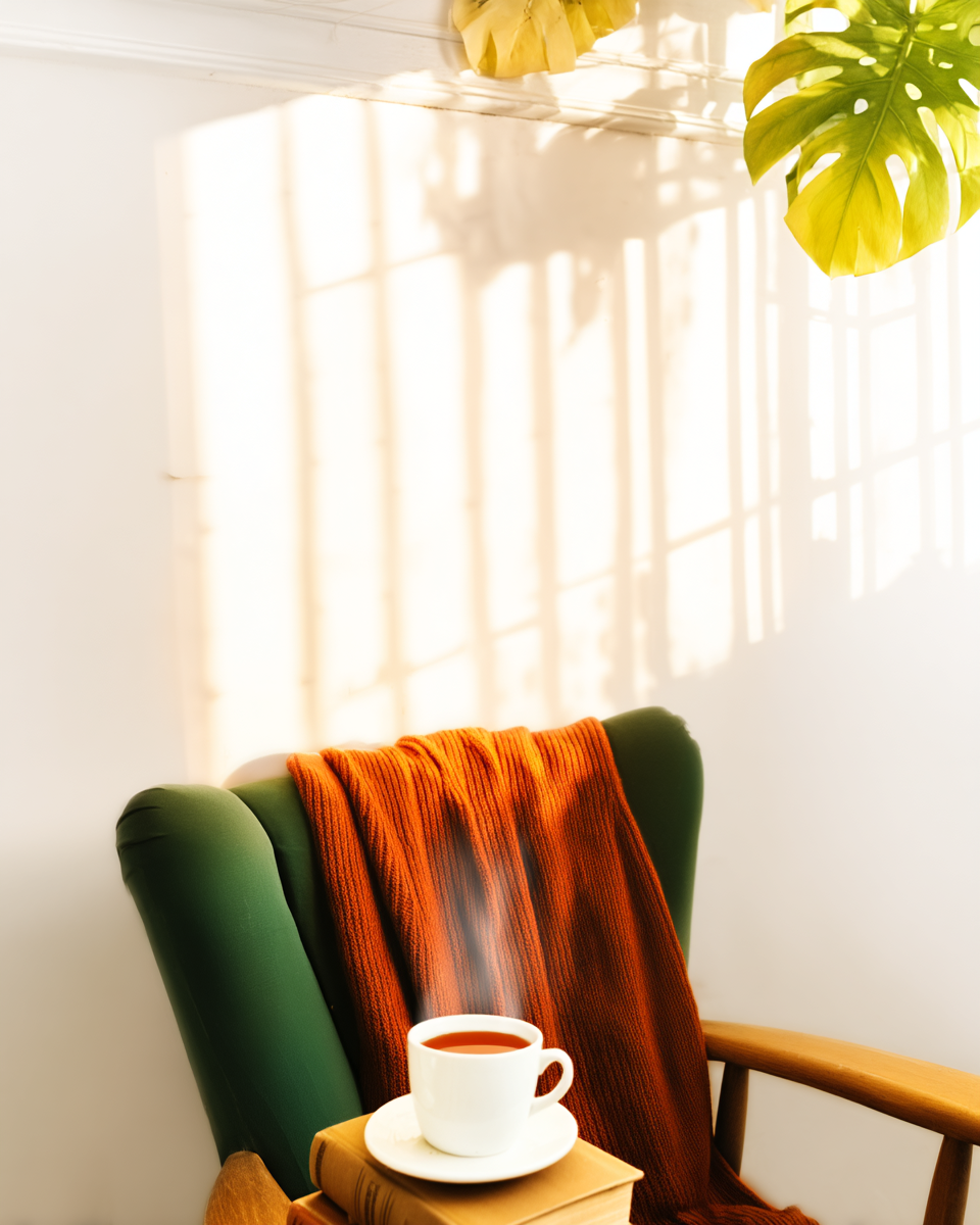 Poltrona verde com manta laranja em ambiente iluminado por luz natural, destacando uma xícara de chá fumegante sobre uma pilha de livros, criando uma atmosfera acolhedora e relaxante.