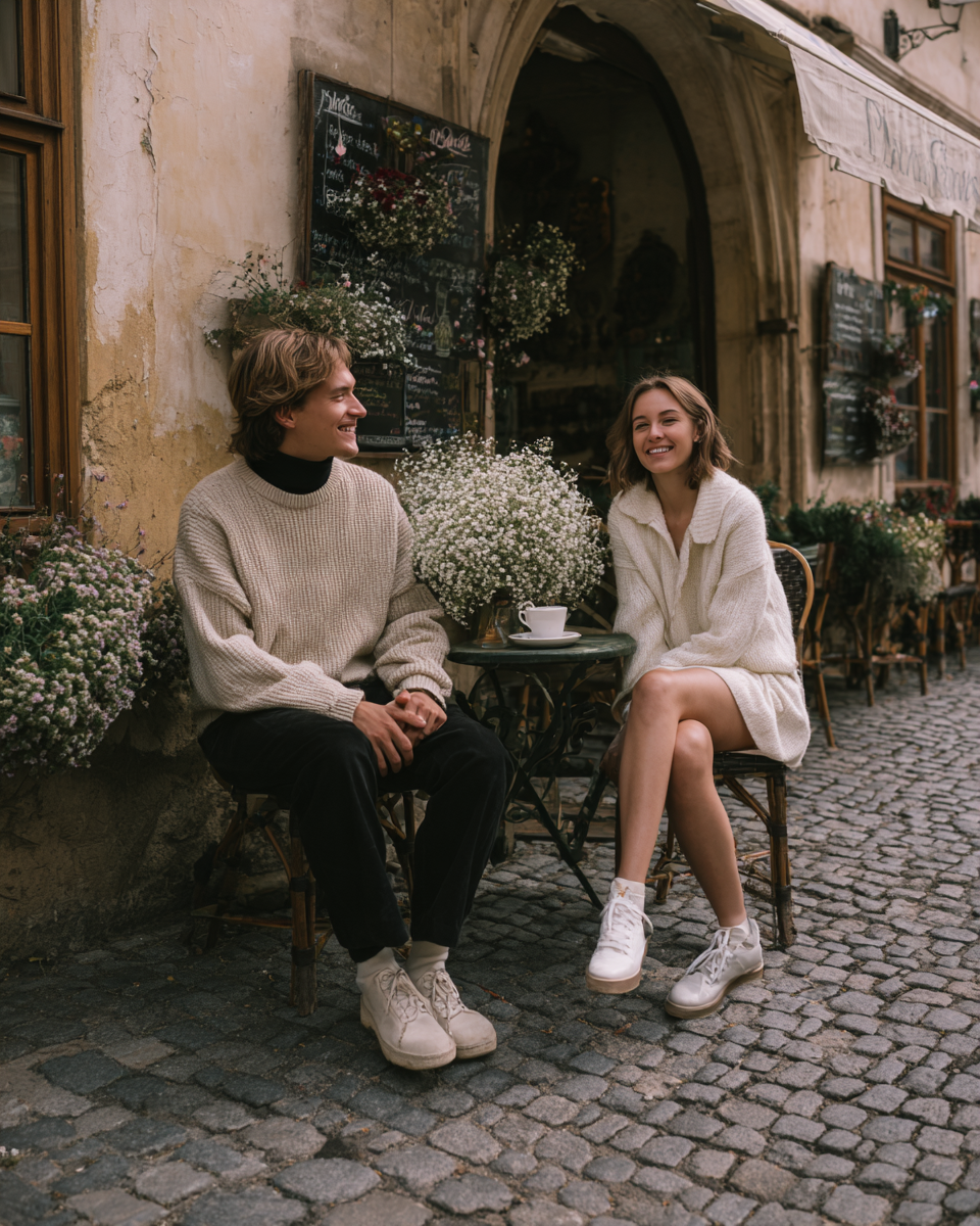 Casal sorridente em uma cafeteria ao ar livre, sentados em mesas de ferro forjado com flores ao fundo. O homem usa um suéter bege e calças pretas, enquanto a mulher veste um vestido branco e um cardigã. Ambos estão em um ambiente rústico, com pedras e uma atmosfera aconchegante.