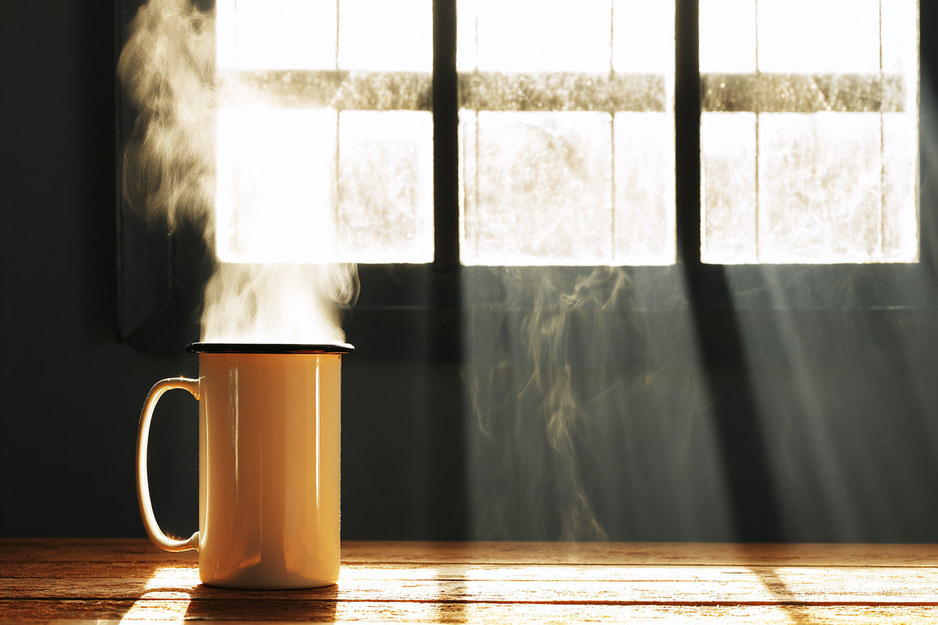 Cena iluminada por luz solar suave mostrando uma caneca de metal com vapor saindo, em uma mesa de madeira próxima a uma janela com moldura escura.