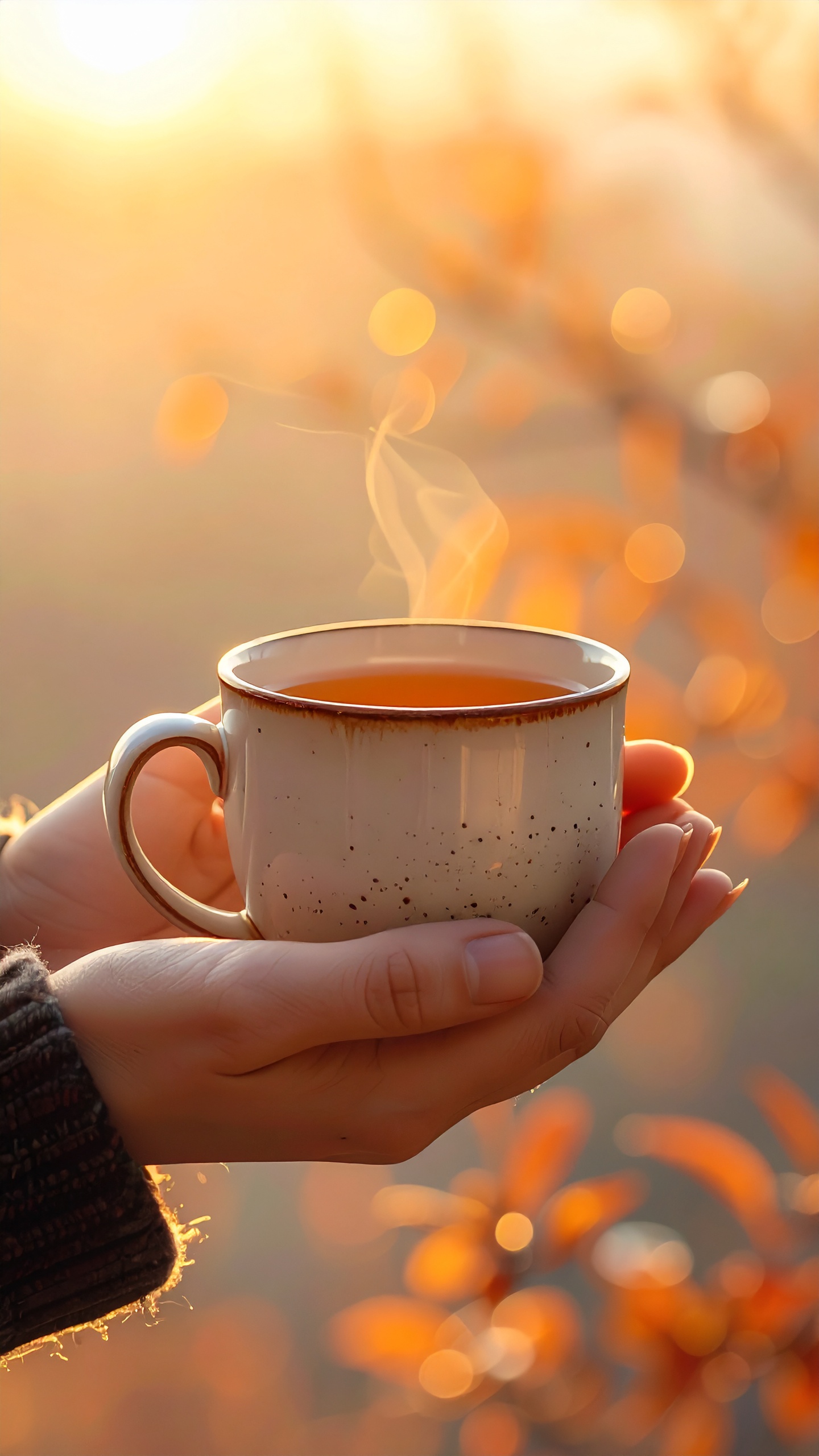 A steaming cup of tea is held warmly in both hands, surrounded by a soft, golden light
