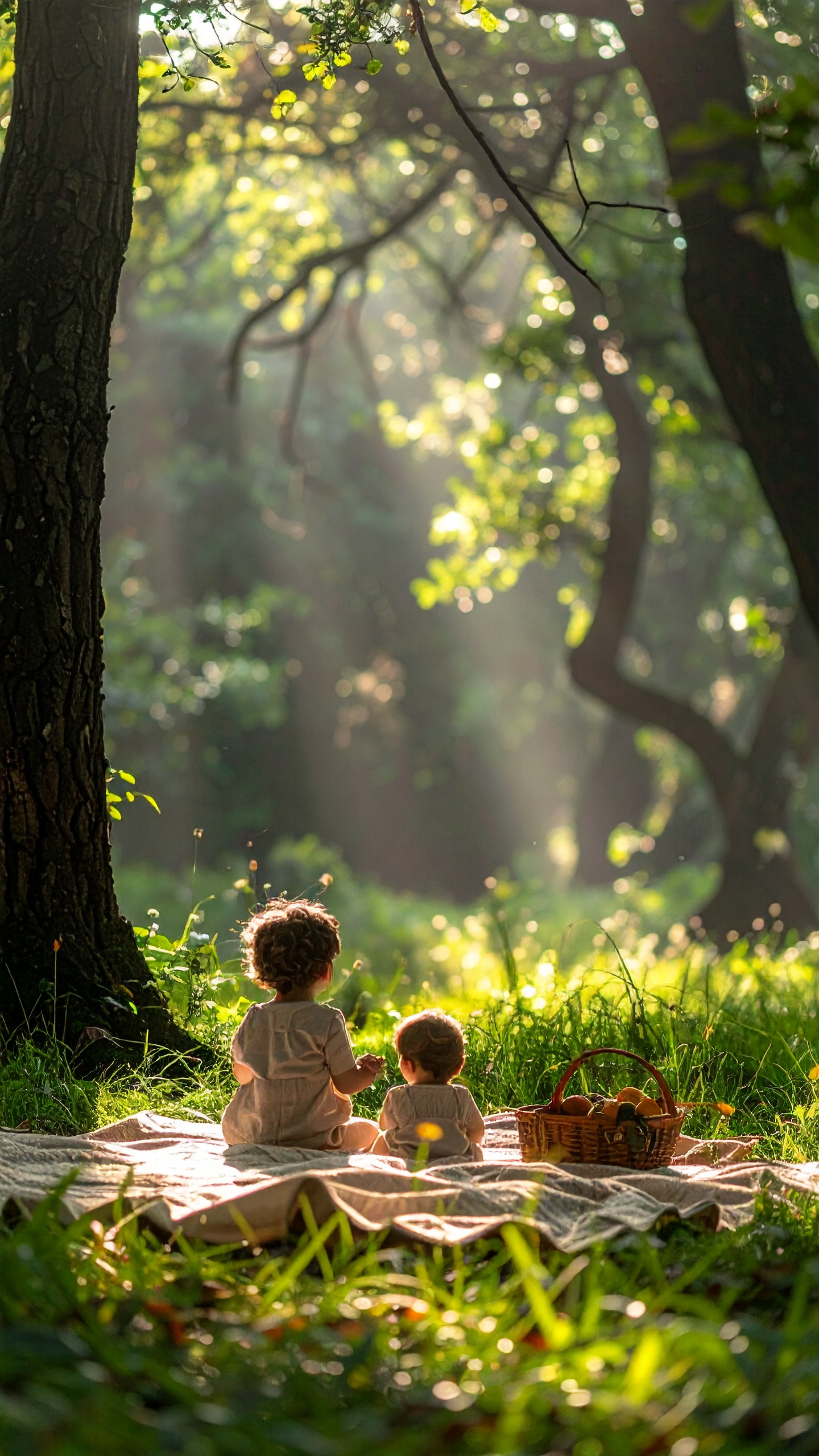 Two children enjoy a sunlit picnic in a lush, green forest setting