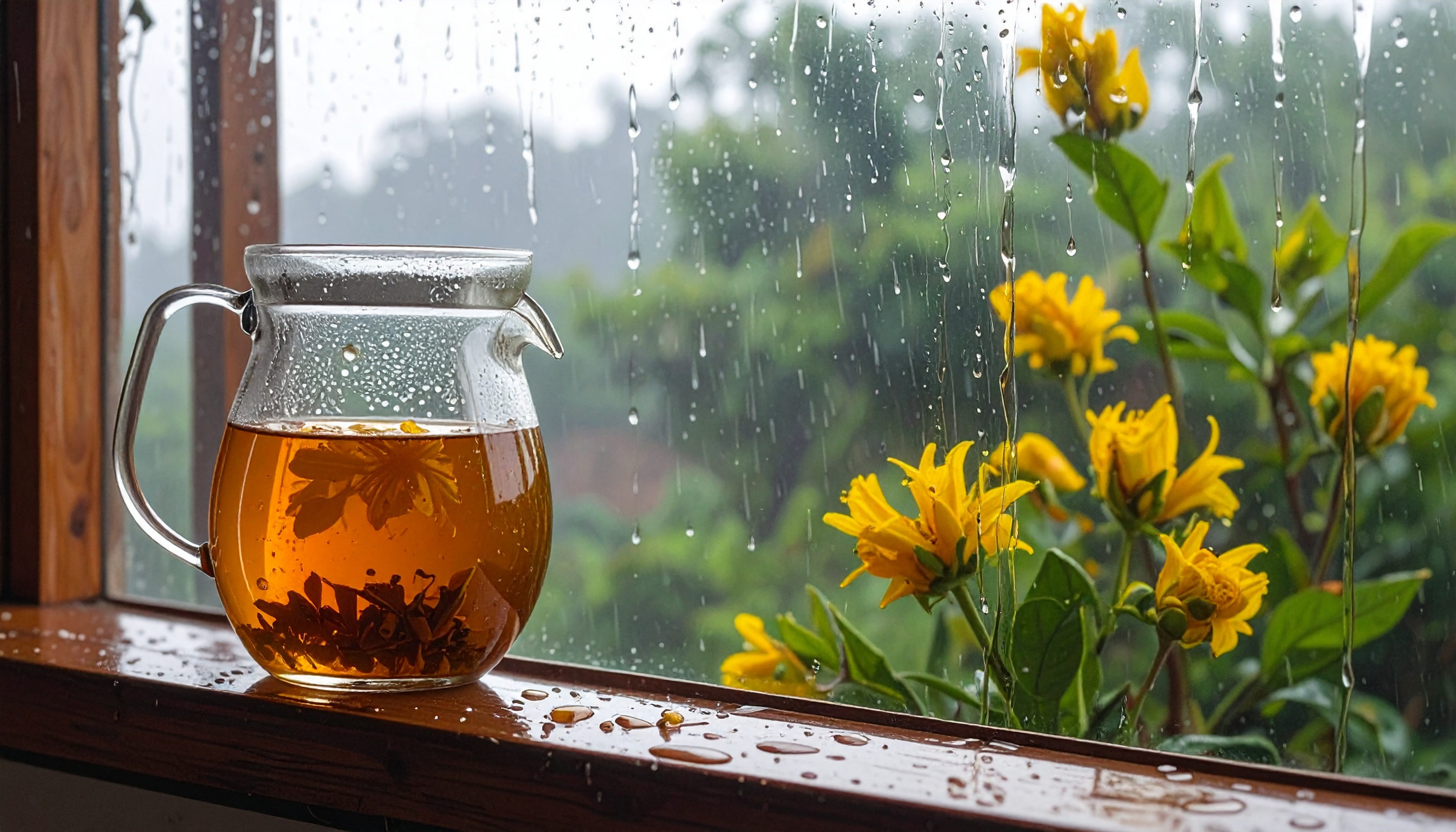 A clear glass teapot filled with herbal tea sits on a wooden windowsill, framed by