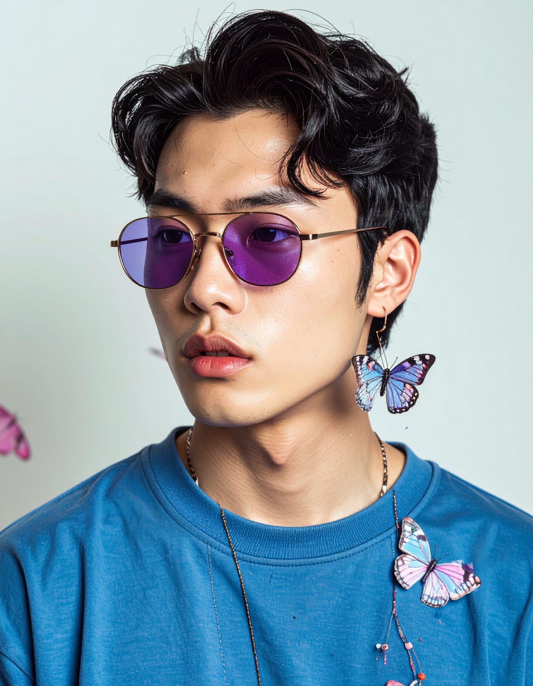 A young man wears stylish purple sunglasses and a blue shirt adorned with decorative butterflies