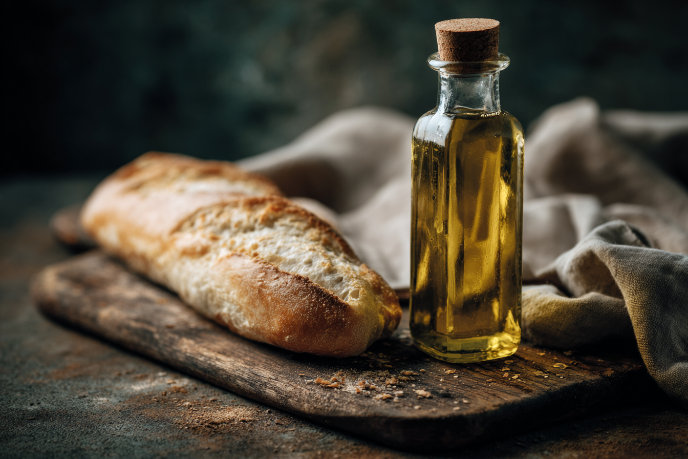 A composition featuring a rustic wooden board with a golden bottle of oil and a fresh loaf of bread. The background has a muted, dark tone, enhancing the warm colors of the food items. The bread is crusty with a light golden-brown color and a textured surface, while the oil's glass bottle reflects the light, creating a warm, inviting atmosphere.