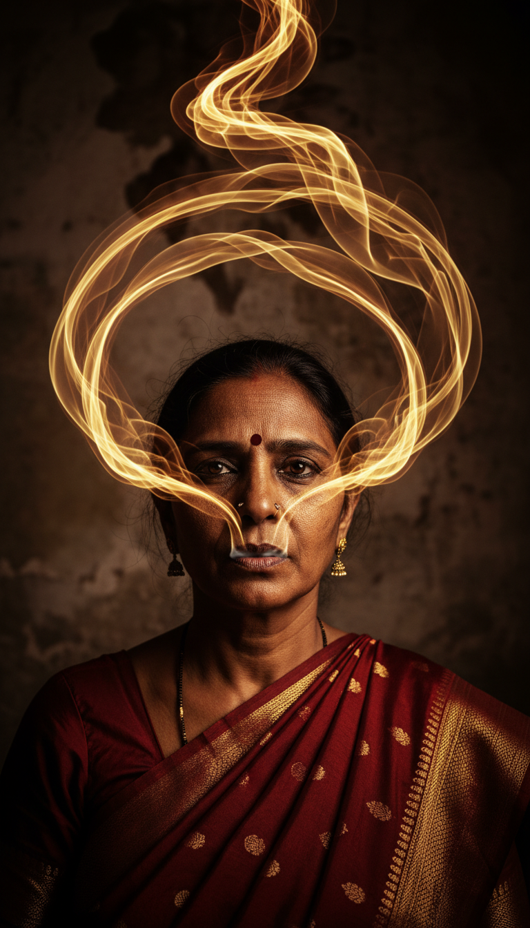 A woman in a traditional sari with swirling golden light around her head