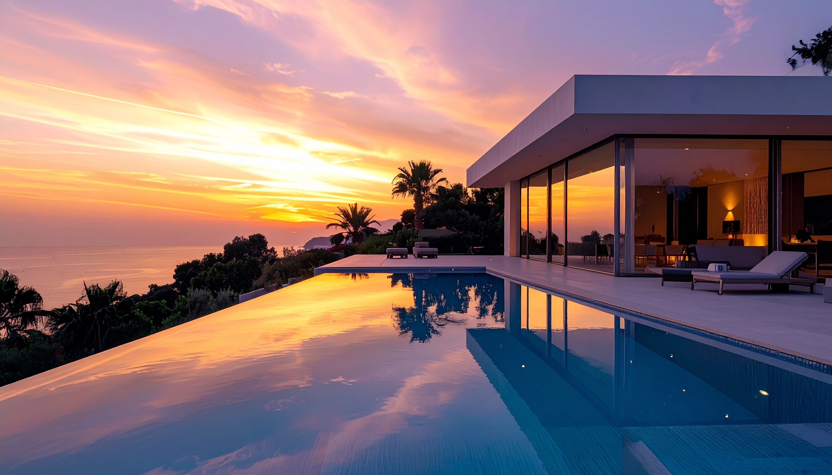 Modern luxury villa with infinity pool at sunset