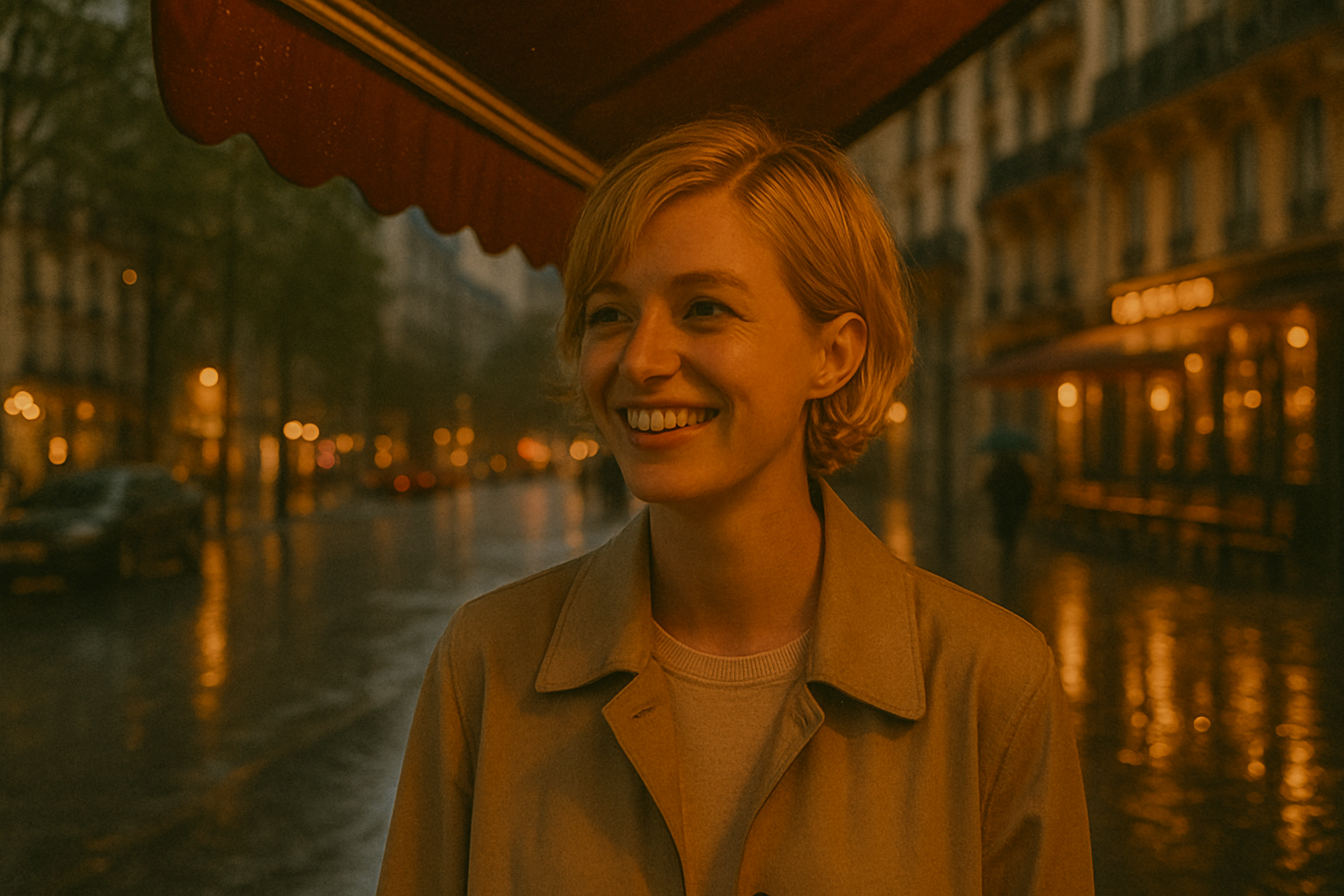 Mulher sorridente em uma rua iluminada de Paris durante a chuva, com reflexos na calçada molhada e luzes quentes ao fundo.