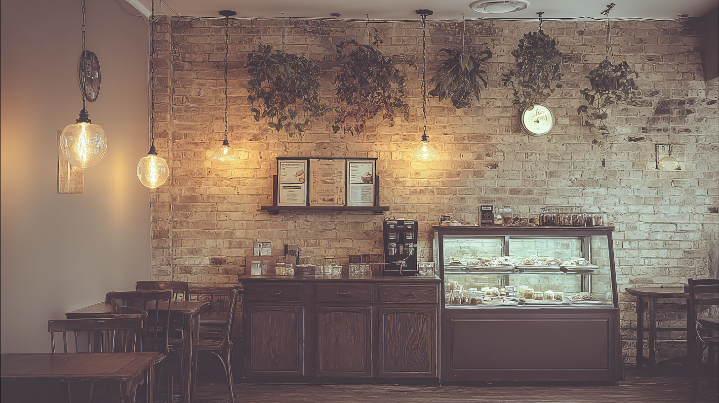 Interior de uma cafeteria acolhedora com parede de tijolos expostos, iluminada por lâmpadas pendentes, criando uma atmosfera rústica e aconchegante. Mesas de madeira escura estão dispostas em um ambiente intimista. Uma vitrine de doces e um balcão com cafeteira completam a cena, enquanto plantas pendentes adicionam um toque de frescor. A iluminação suave e a composição equilibrada destacam a tranquilidade do espaço.