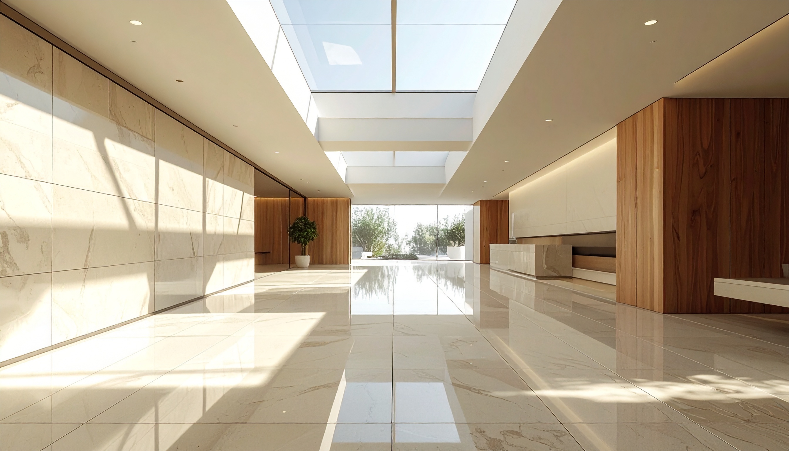 Sleek modern interior with large skylights and marble floors