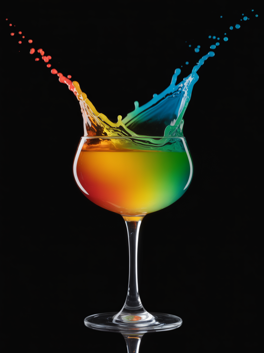 A vibrant cocktail explodes with a rainbow of colors against a dark backdrop
