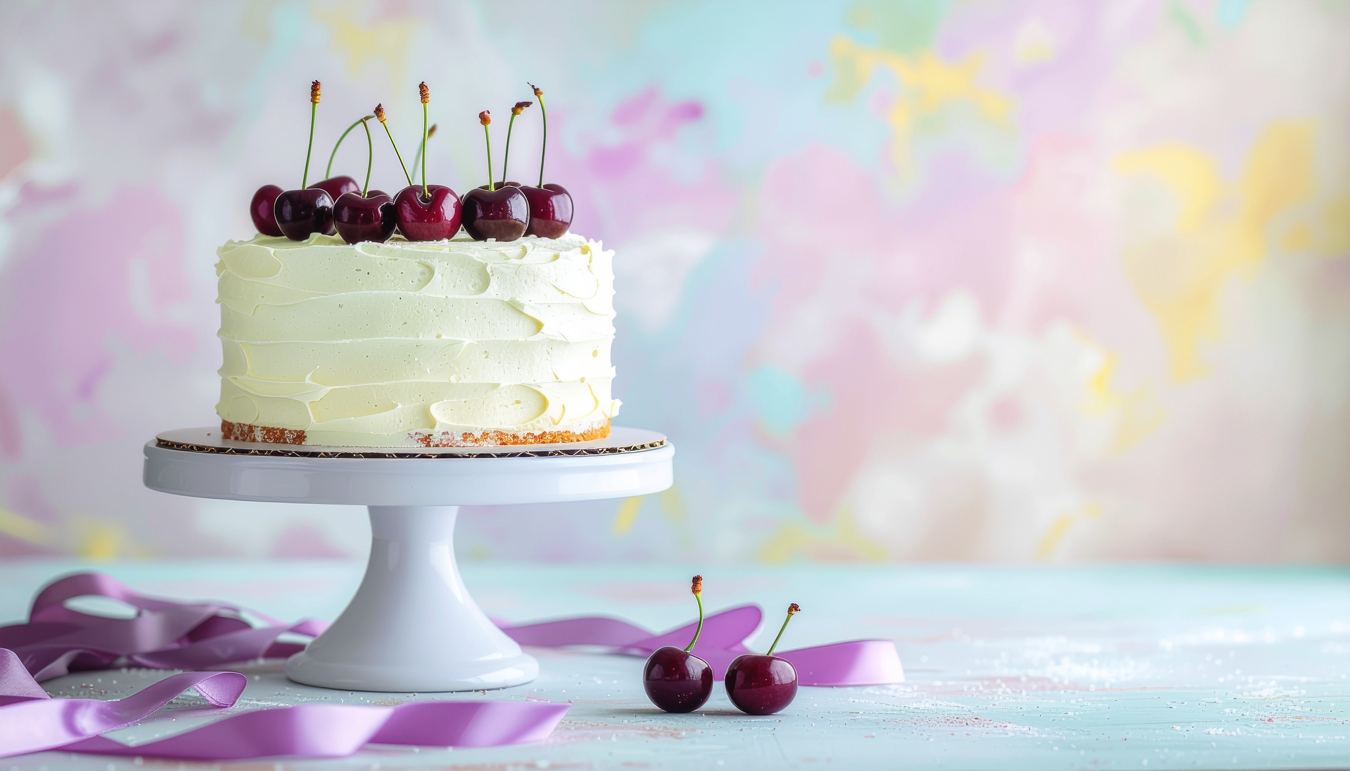 Elegant White Cream Cake on Pedestal with Fresh Cherries