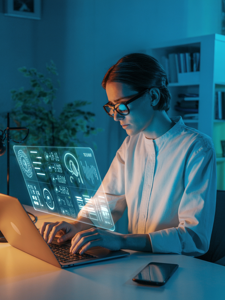 Woman Typing on Laptop in Futuristic Environment with Floating Holograms