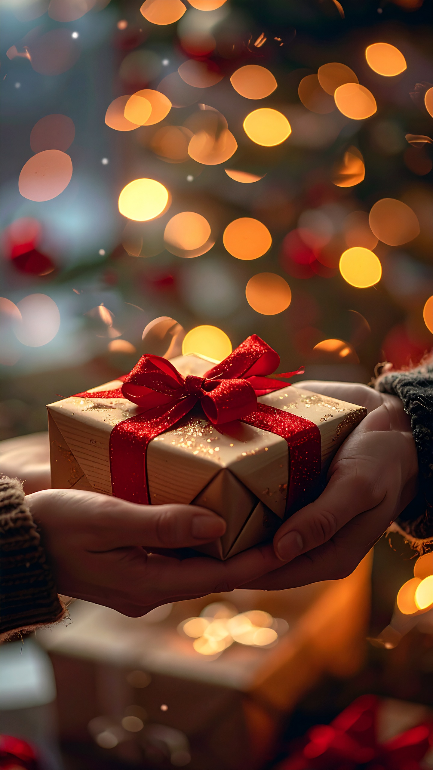 Cena aconchegante com mãos trocando presente envolto em papel dourado e laço vermelho sob luzes desfocadas de natal em tons laranja e amarelo.