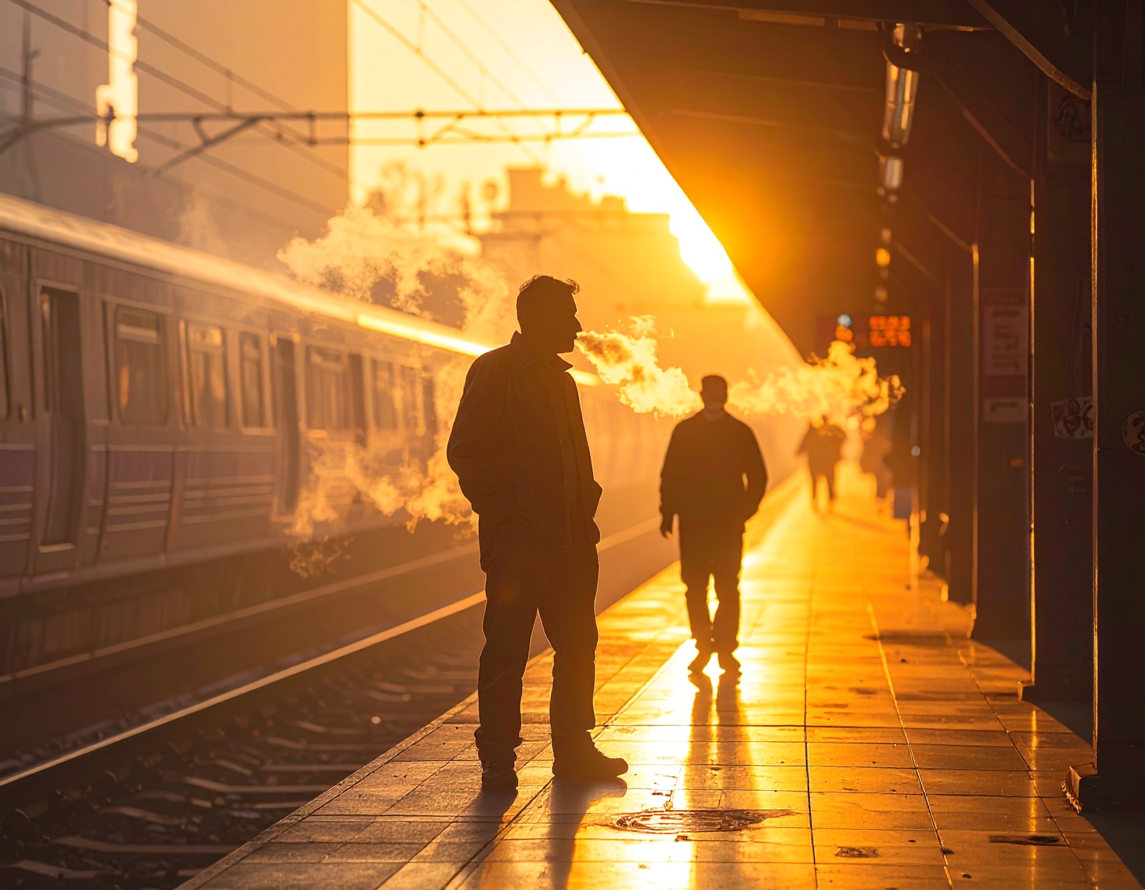 A train station platform is bathed in golden sunlight as commuters stand near a train