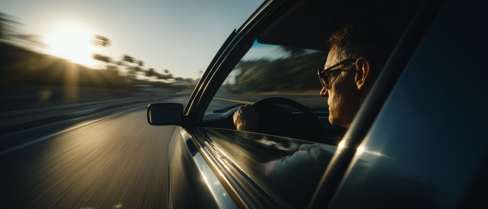 Um homem dirige um carro em alta velocidade em um cenário urbano durante o pôr do sol, com palmeiras visíveis ao fundo. A imagem captura a sensação de movimento e liberdade na estrada.