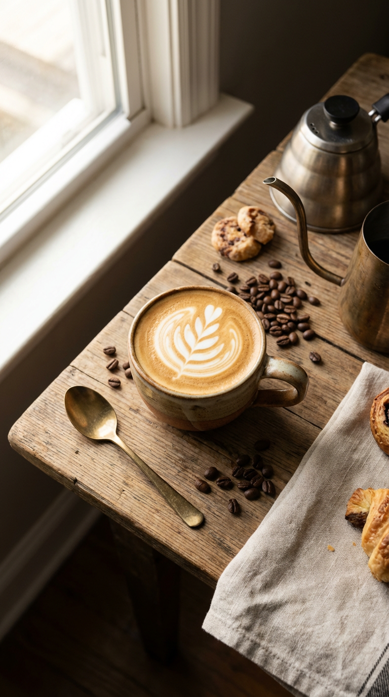 A latte with intricate latte art sits invitingly on a rustic wooden table