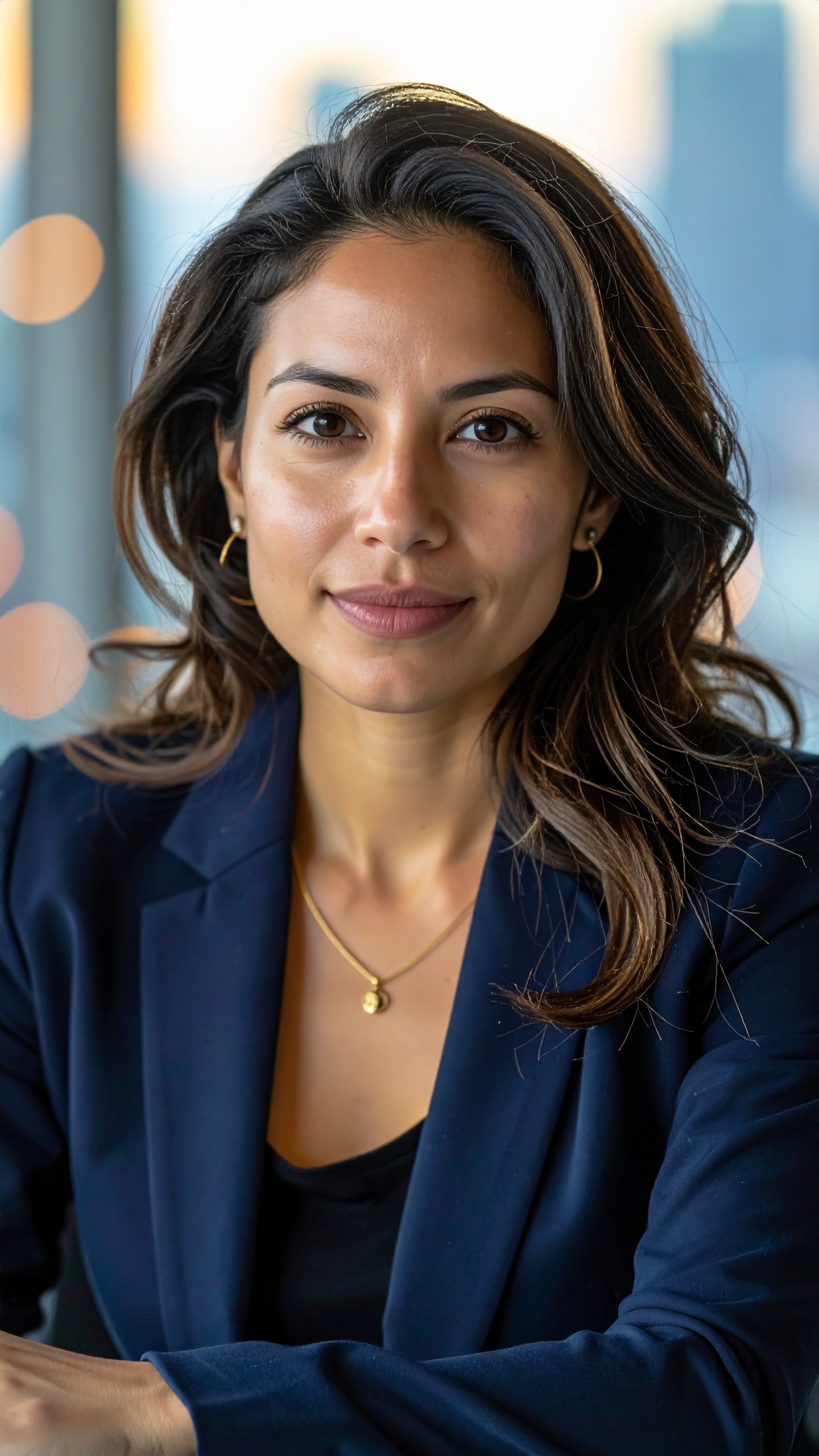 A confident woman in a navy blazer looks directly at the camera with a serene expression