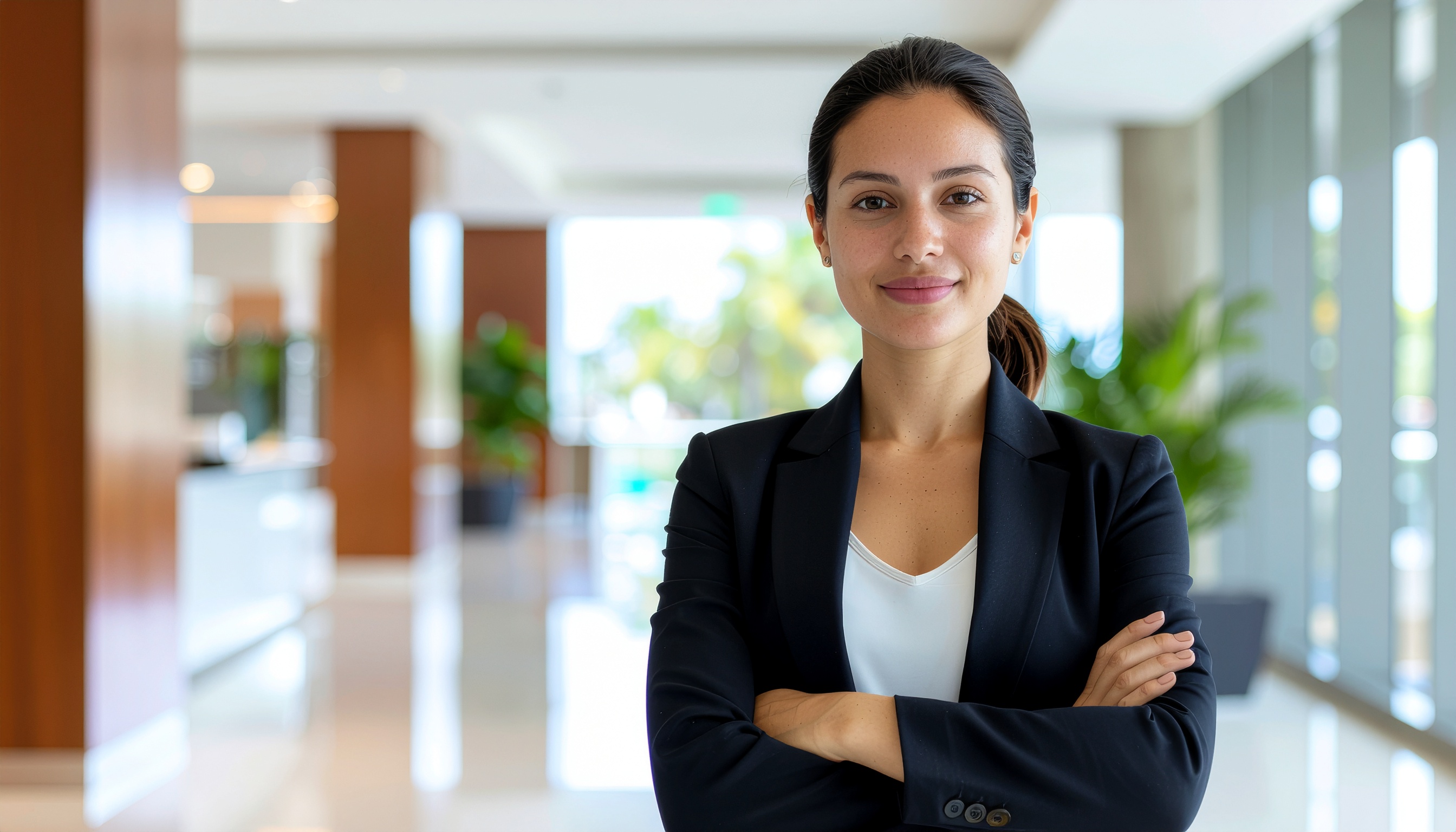 Mulher confiante em traje executivo com braços cruzados em um ambiente de escritório moderno e iluminado, transmitindo profissionalismo e determinação.