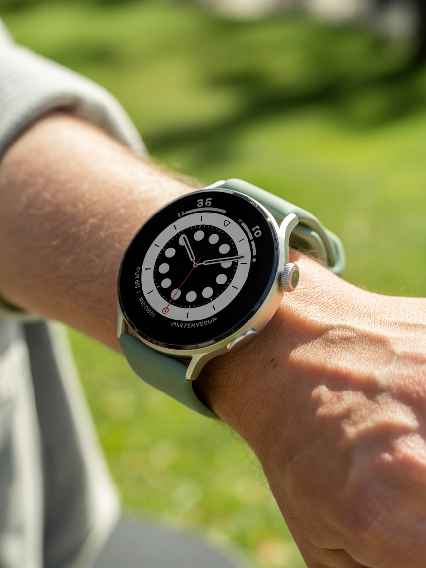 Modern Watch with Black and White Dial and Light Green Strap