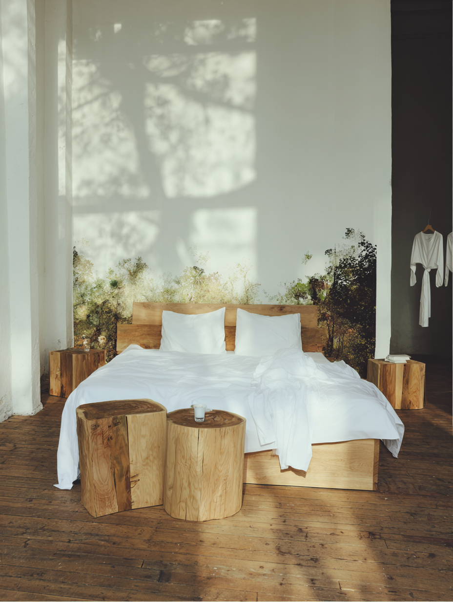 Quarto arejado e minimalista com cama de madeira clara e roupa de cama branca, cercado por mesas de tronco rústicas. A luz suave do sol projeta sombras de árvores na parede branca, criando um efeito natural e sereno. O piso de madeira adiciona calor à composição, enquanto um roupão branco pendurado sugere conforto e tranquilidade.