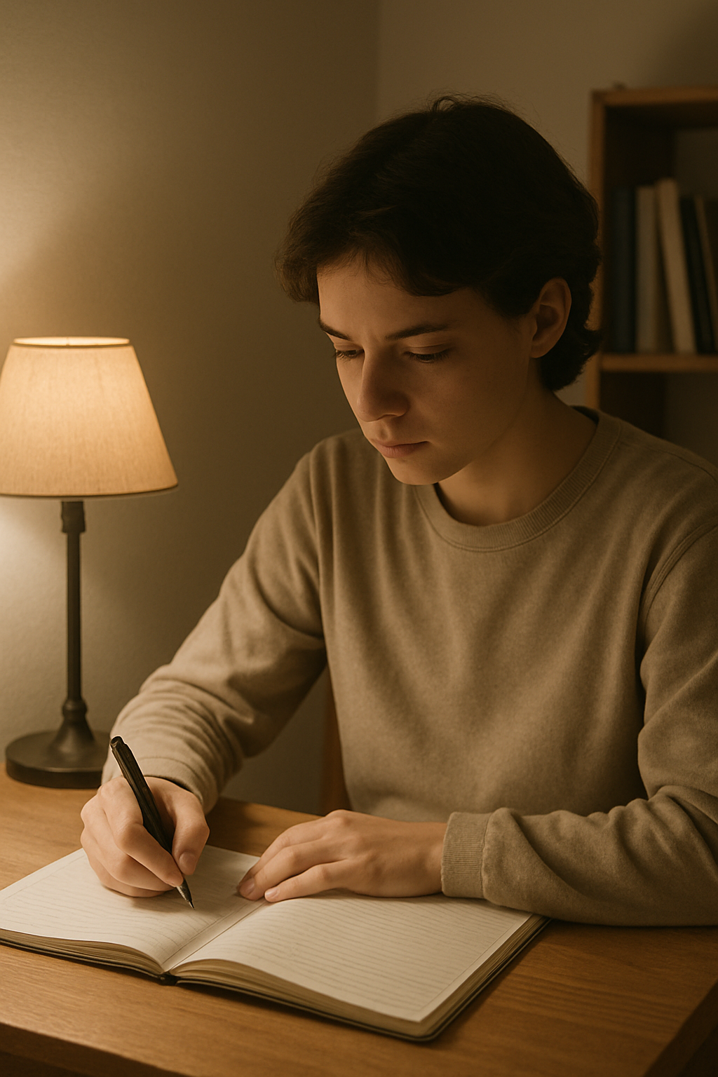 A person writes in a notebook under the warm glow of a lamp on a wooden desk