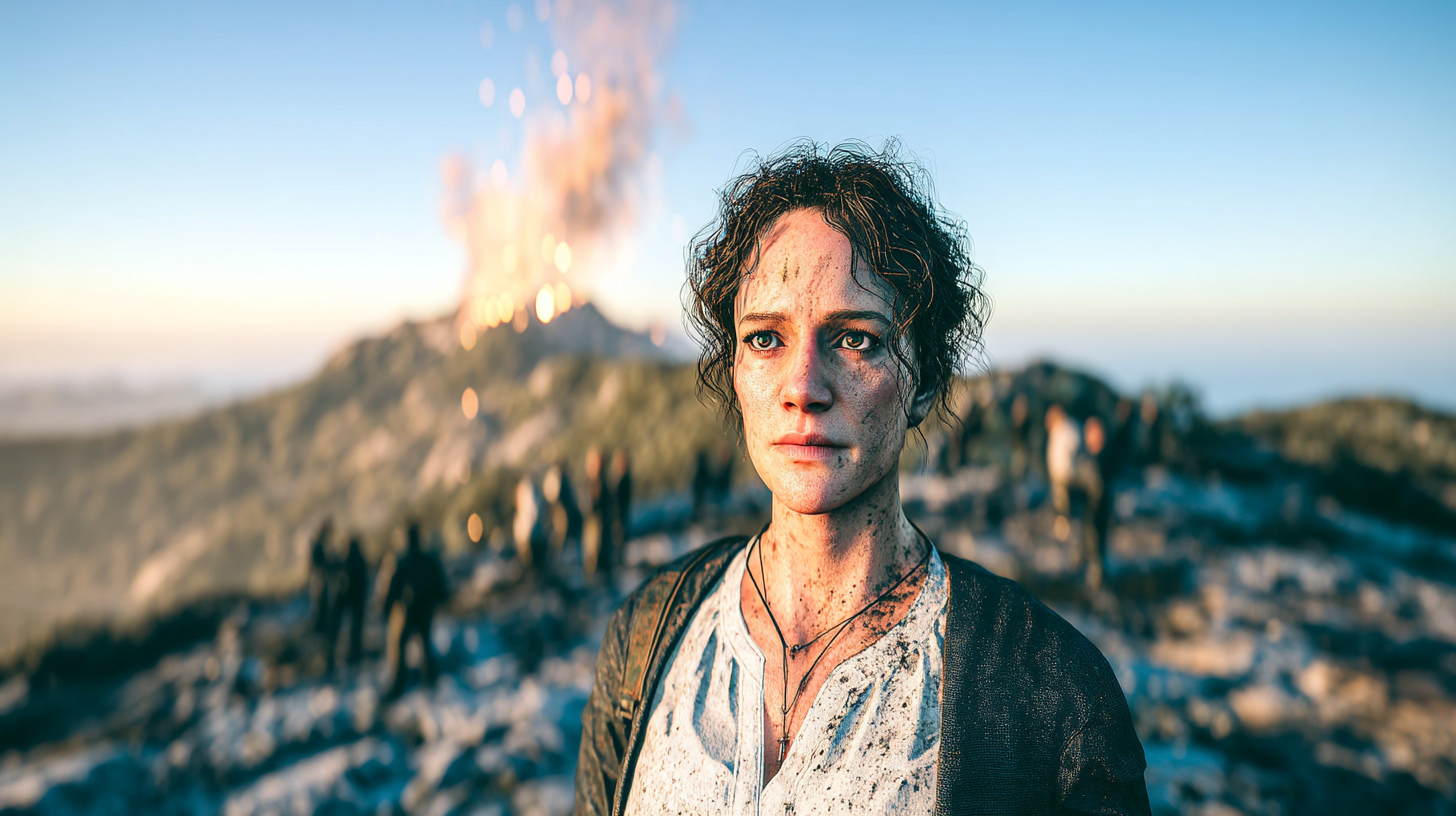 Retrato de uma mulher com expressão intensa, em um cenário de erupção vulcânica ao fundo, com fumaça e lava visíveis. A mulher está suja, sugerindo que ela passou por uma situação difícil. O ambiente natural é montanhoso e apresenta uma atmosfera dramática.