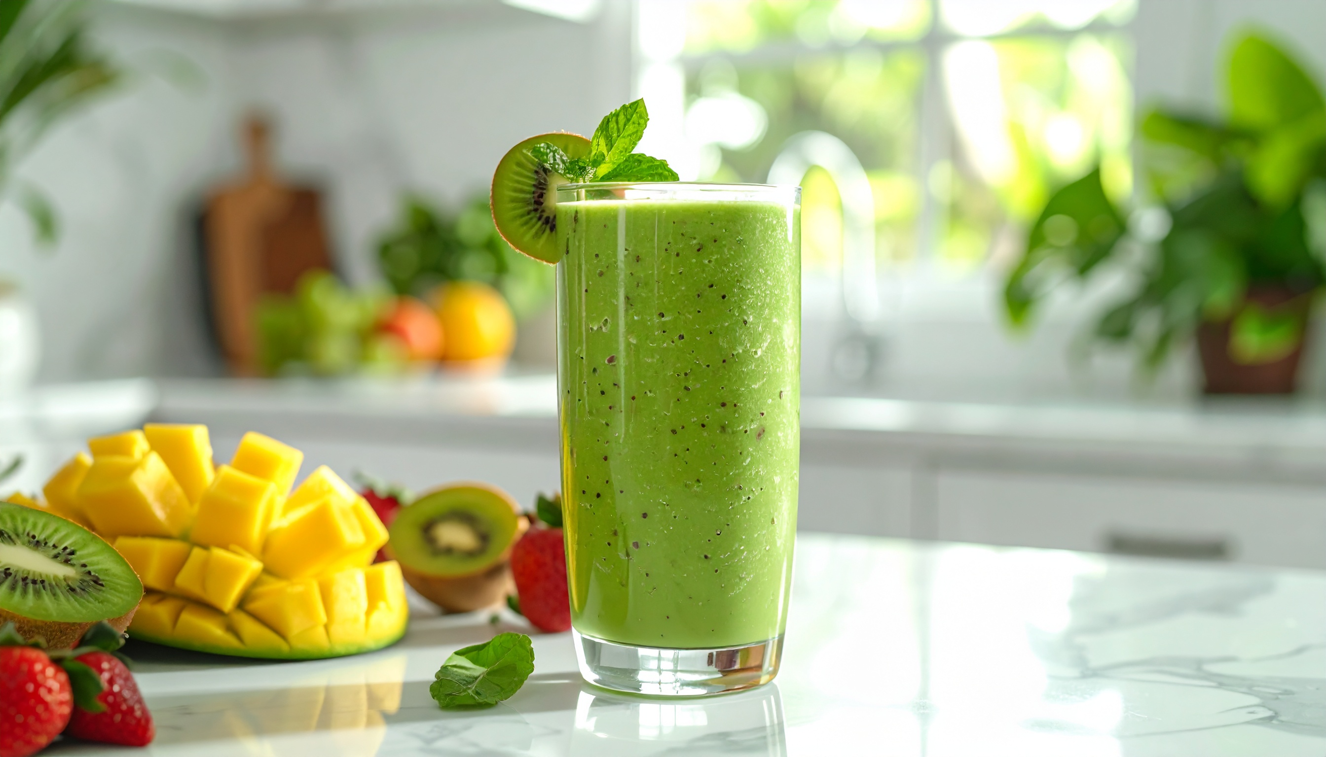 Smoothie verde vibrante em copo alto decorado com fatia de kiwi e folha de hortelã, iluminado por luz natural suave em cozinha moderna com frutas frescas ao fundo, criando uma atmosfera refrescante e saudável.