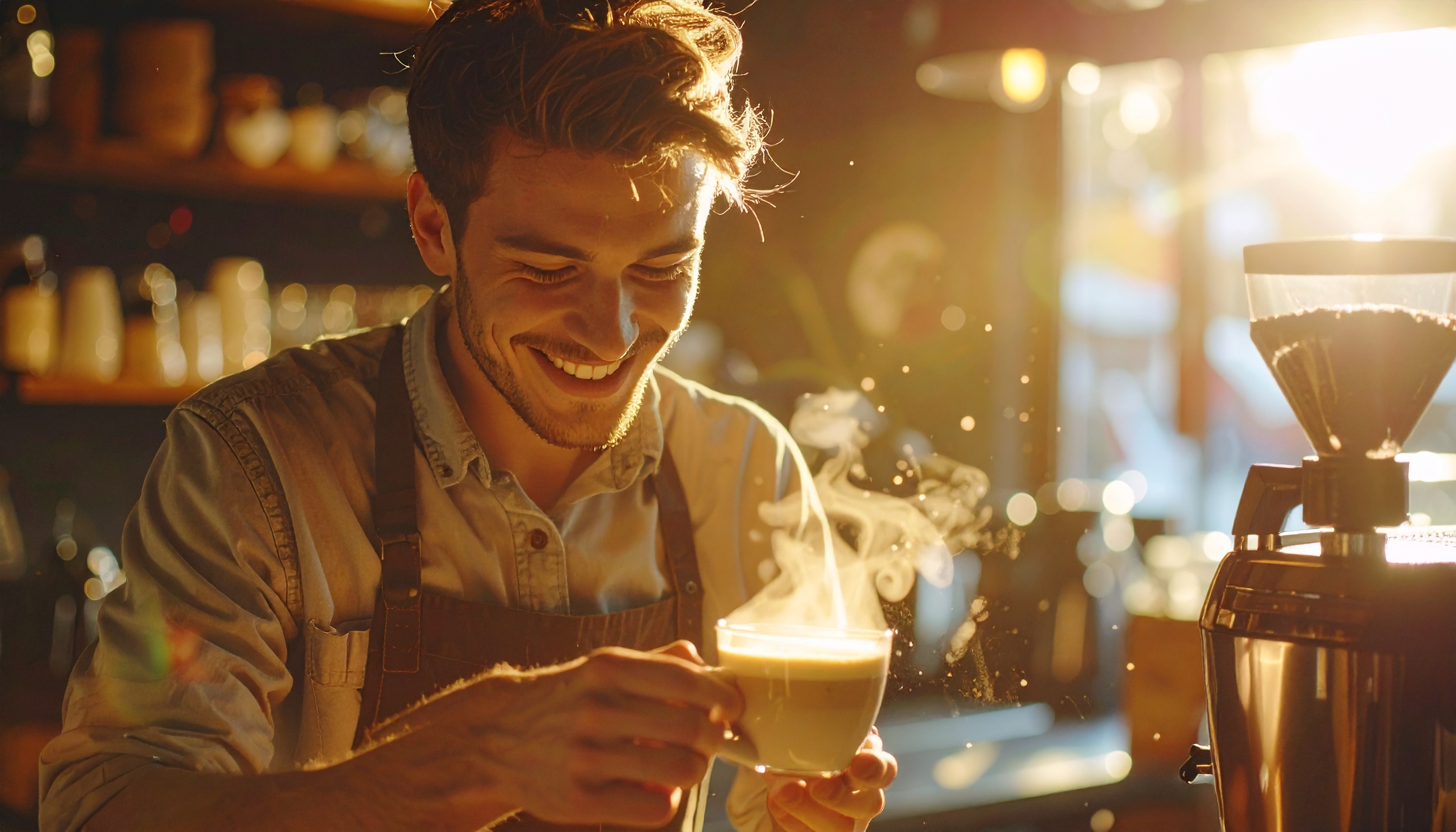 Barista sorrindo enquanto segura uma xícara de café fumegante em ambiente de cafeteria iluminado por luz dourada e quente, realçando a atmosfera acolhedora e convidativa. A composição destaca o vapor do café e o equipamento ao fundo, com um foco suave e ângulo ligeiramente inclinado.