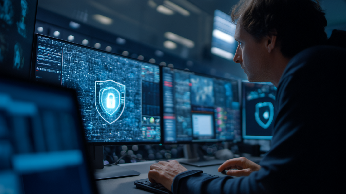 Um analista de segurança cibernética trabalhando em múltiplos monitores, analisando dados de proteção e segurança digital. A imagem destaca um escudo de segurança com um cadeado, simbolizando a proteção de informações sensíveis em um ambiente tecnológico avançado.