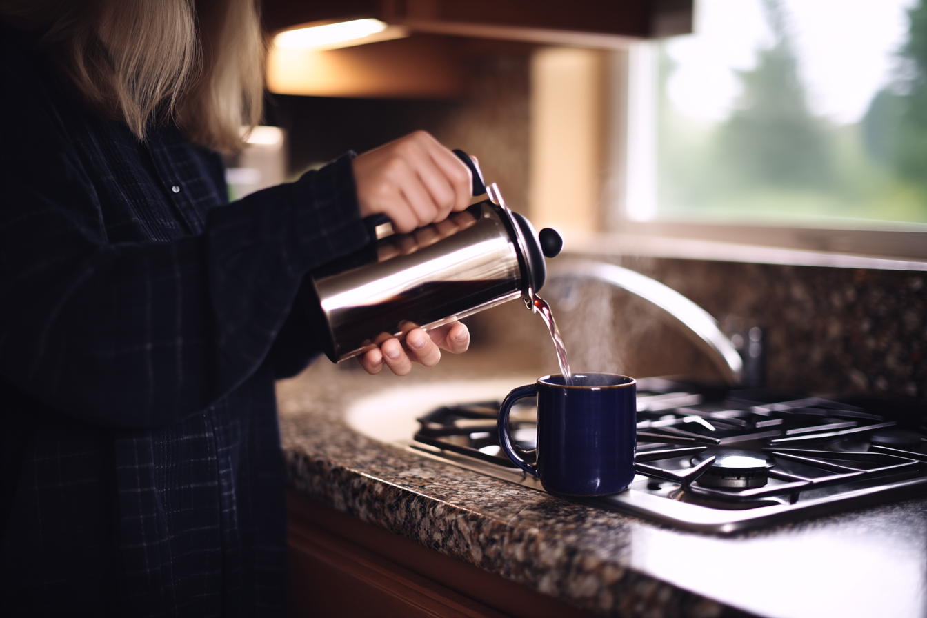 A cozy kitchen scene featuring a person pouring coffee from a French press into a dark blue mug. The countertop is made of a speckled granite, and there's a gas stove in the background. Soft light filters in through a window, creating a warm atmosphere. Steam rises from the mug, suggesting the coffee is hot.