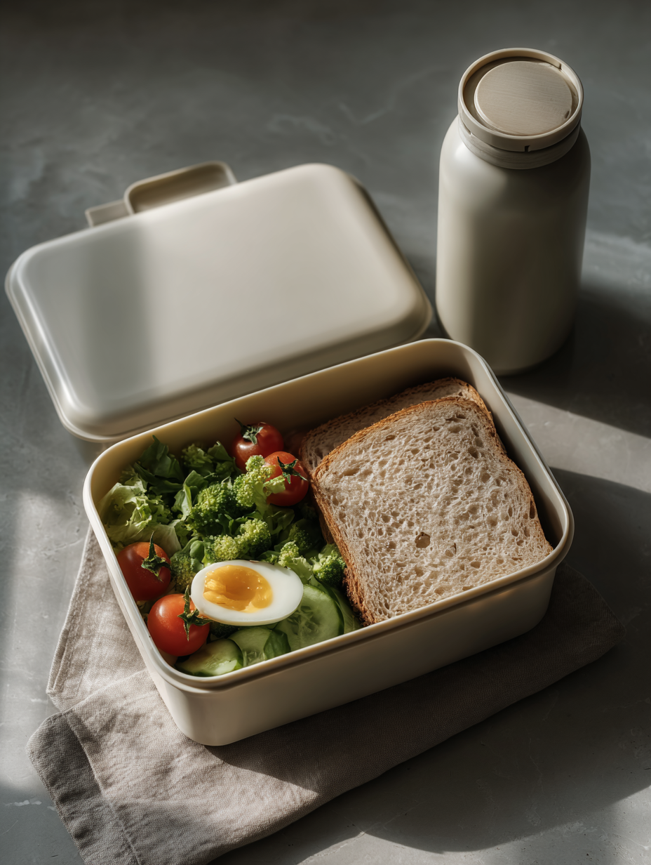 Marmita elegante contendo sanduíche de pão integral, salada vibrante com tomate cereja, brócolis, pepino e ovo cozido, colocada sobre um pano em superfície de pedra cinza, com garrafa térmica ao lado, iluminada por luz suave que destaca texturas naturais e cores frescas, criando um ambiente de refeição saudável e minimalista.