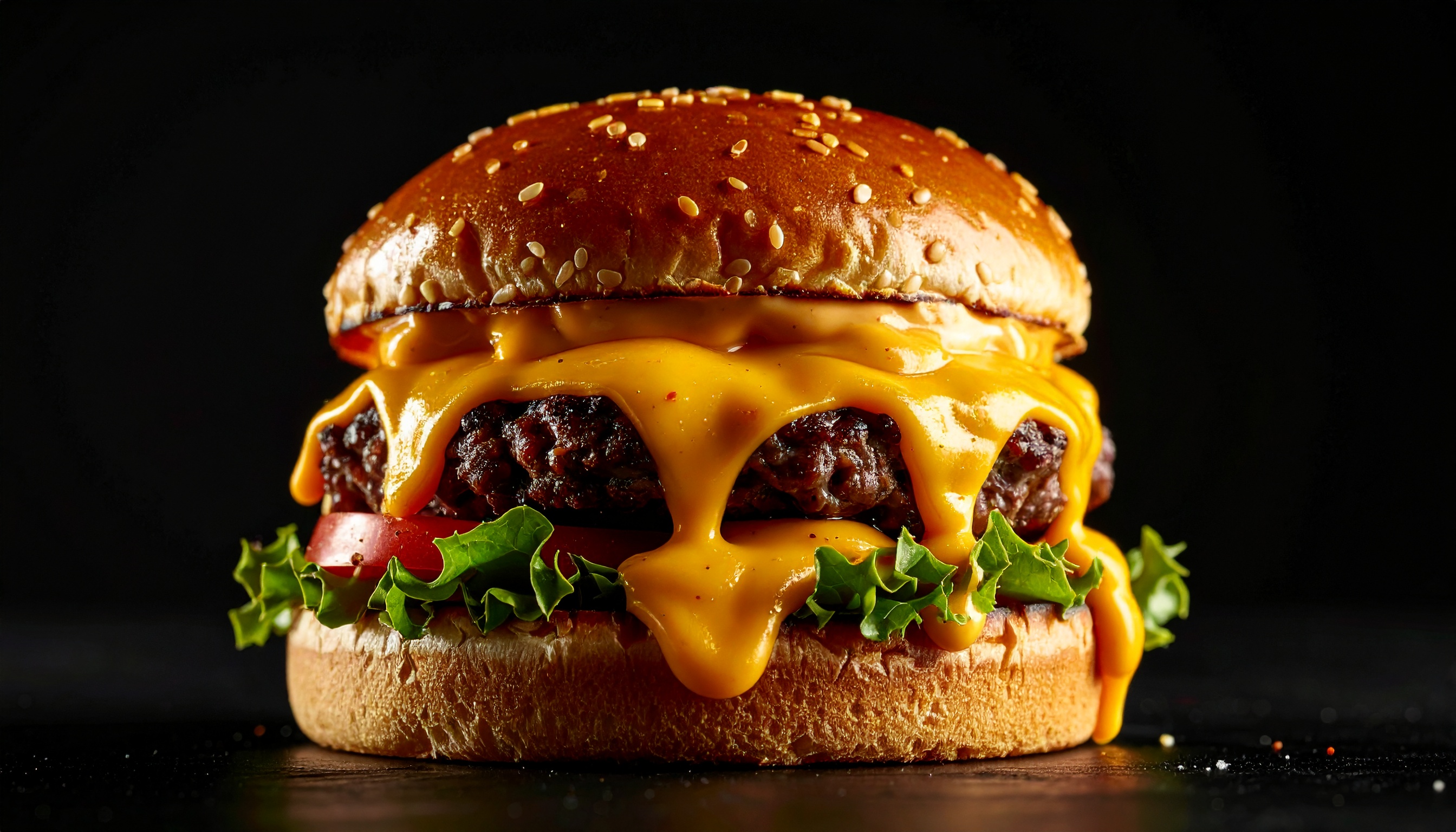 Hambúrguer suculento com queijo derretido, alface fresca e tomate, sobre pão macio com gergelim. Iluminação destaca textura e cor vibrante dos ingredientes em fundo escuro.