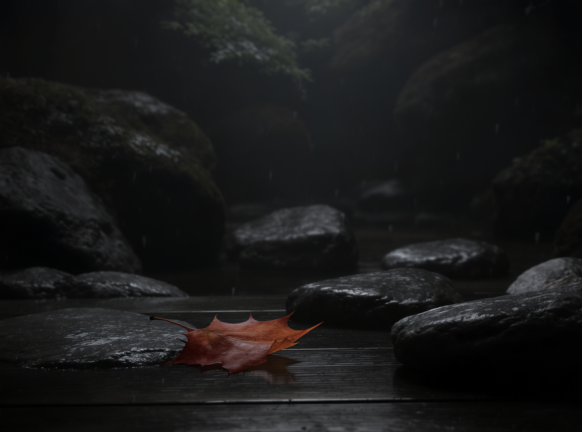 A solitary orange leaf rests on a wet stone path surrounded by dark, smooth rocks