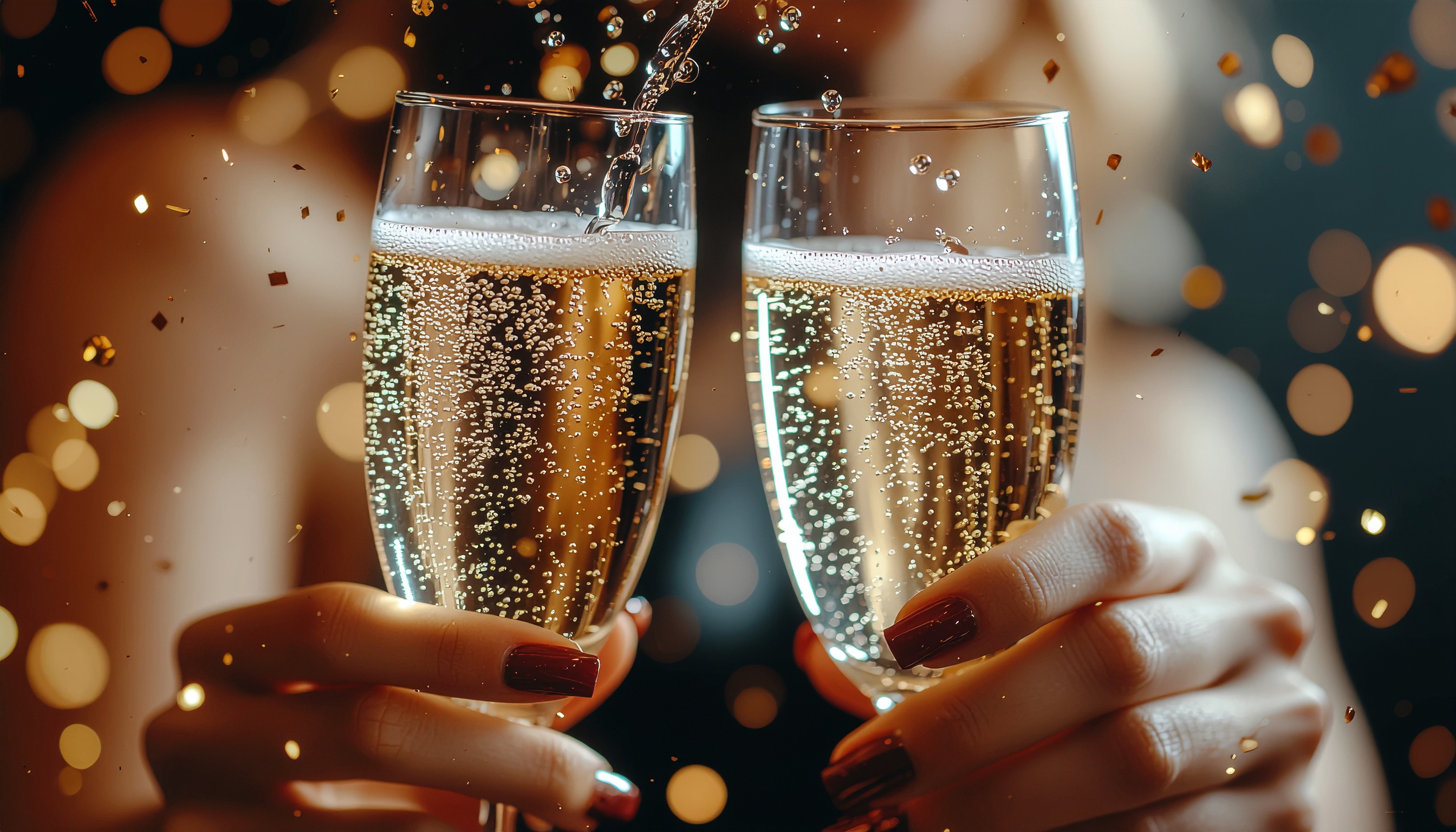 Duas taças de champanhe são erguidas em celebração, com bolhas subindo em meio a uma iluminação suave e festiva. As mãos femininas com unhas pintadas seguram as taças, e partículas douradas flutuam ao redor, criando uma atmosfera elegante e festiva. O foco está nos detalhes efervescentes do líquido, enquanto o fundo desfocado adiciona profundidade e contexto de festa noturna.