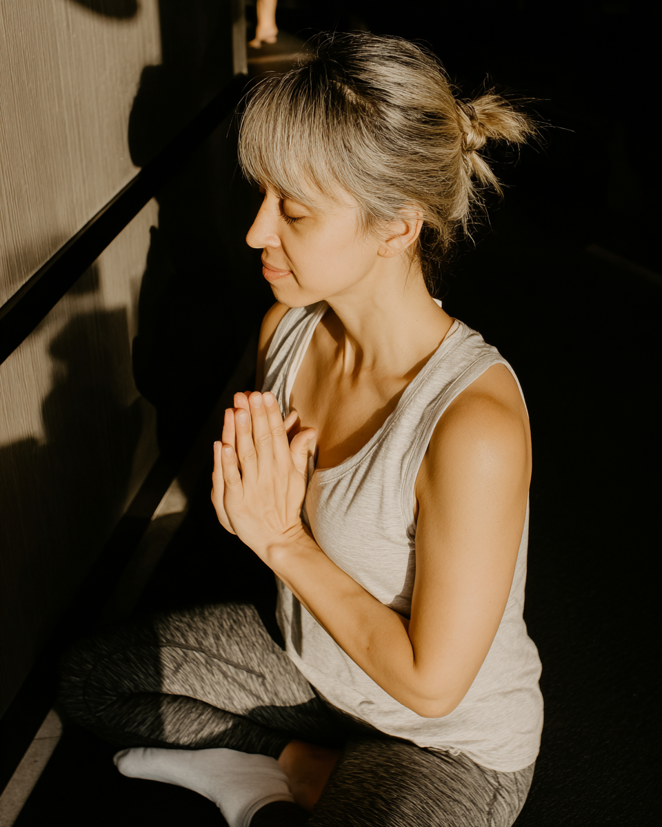 Mulher em posição de meditação com as mãos em prece, sentada no chão com iluminação suave destacando suas feições. Veste roupas confortáveis e se posiciona em um ambiente interior sereno. A composição é centrada, realçando a tranquilidade e foco da cena.