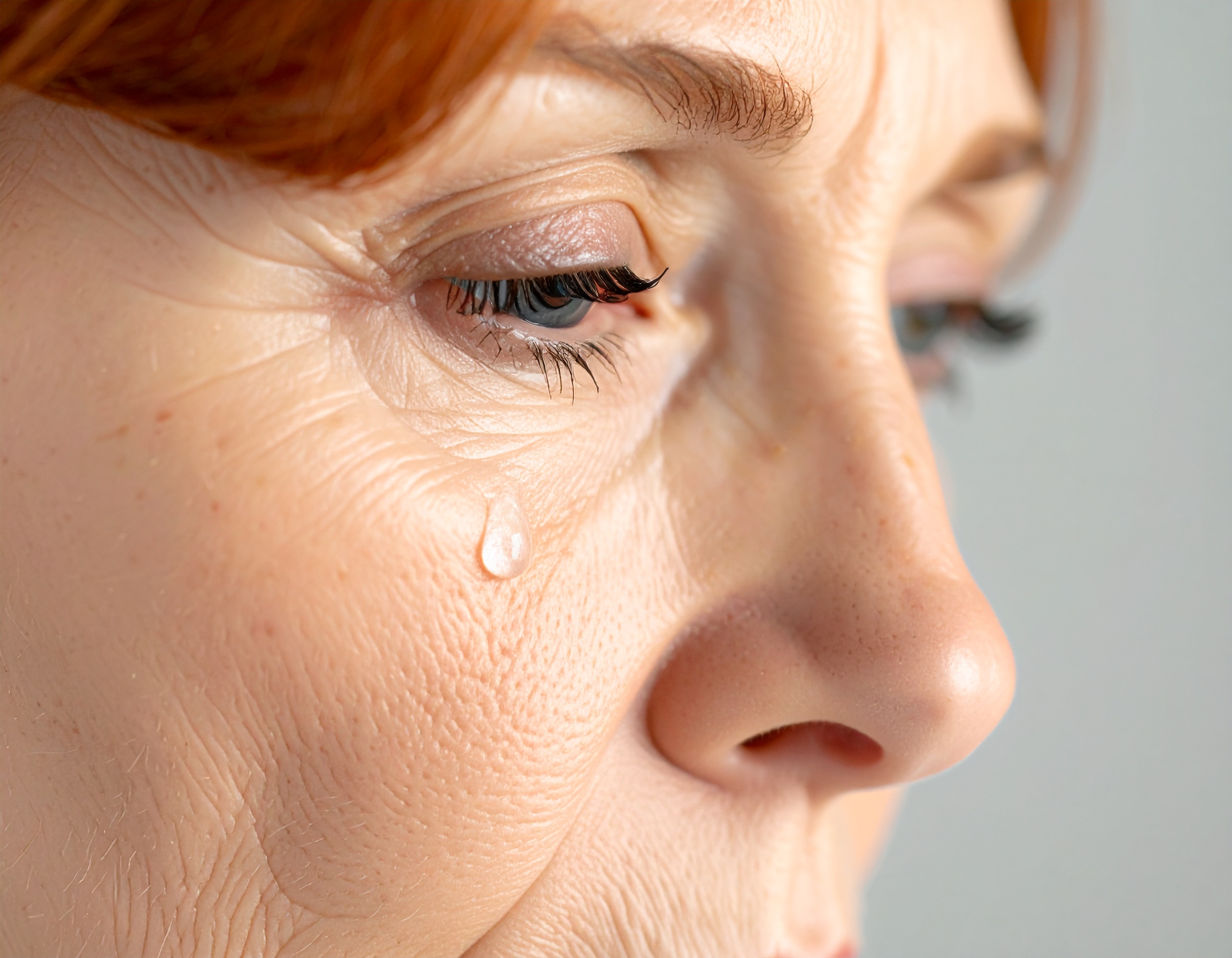 A close-up of an elderly woman's face with a tear on her cheek