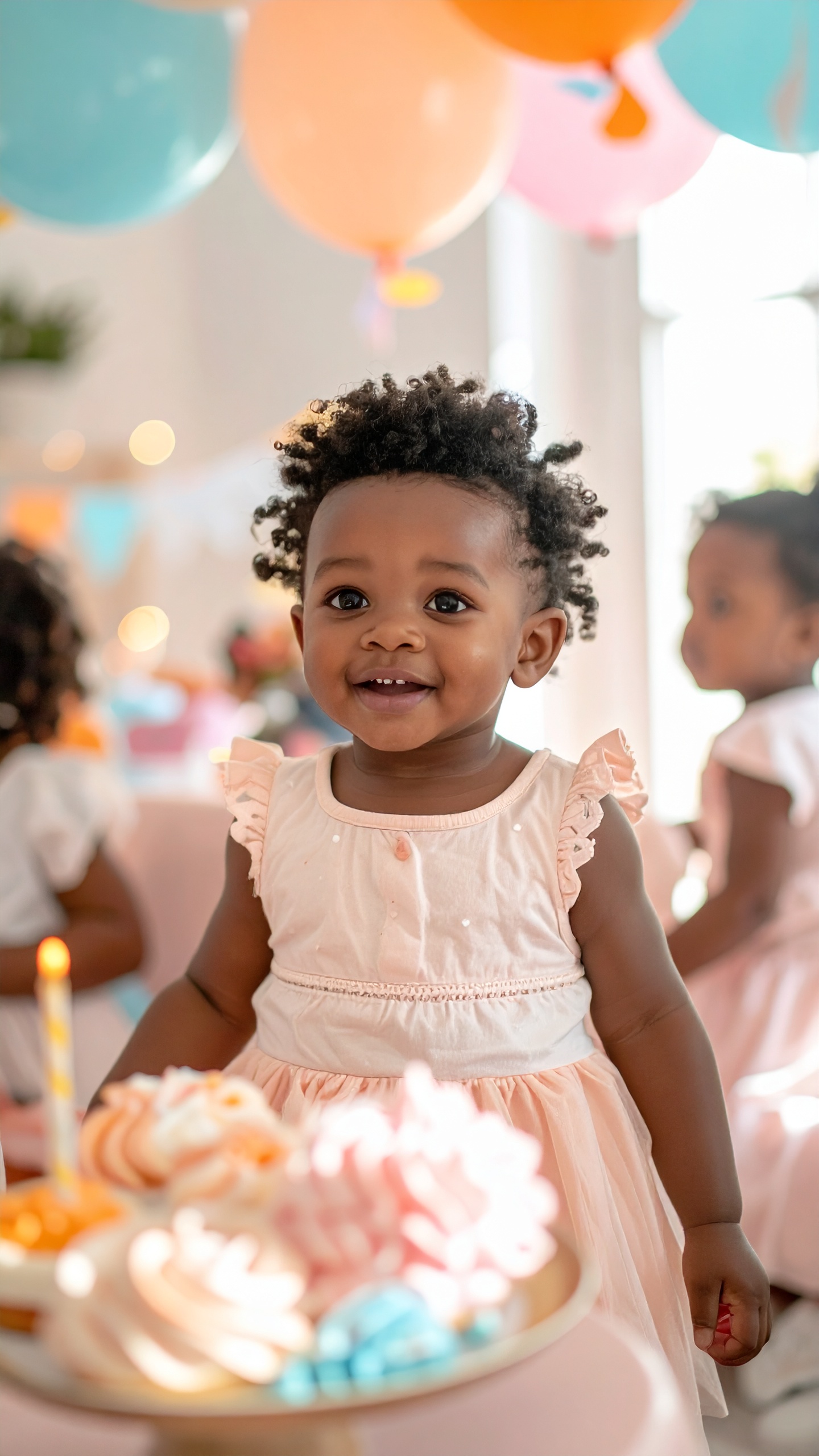 A joyful toddler in a pink dress celebrates a birthday with colorful balloons and sweets