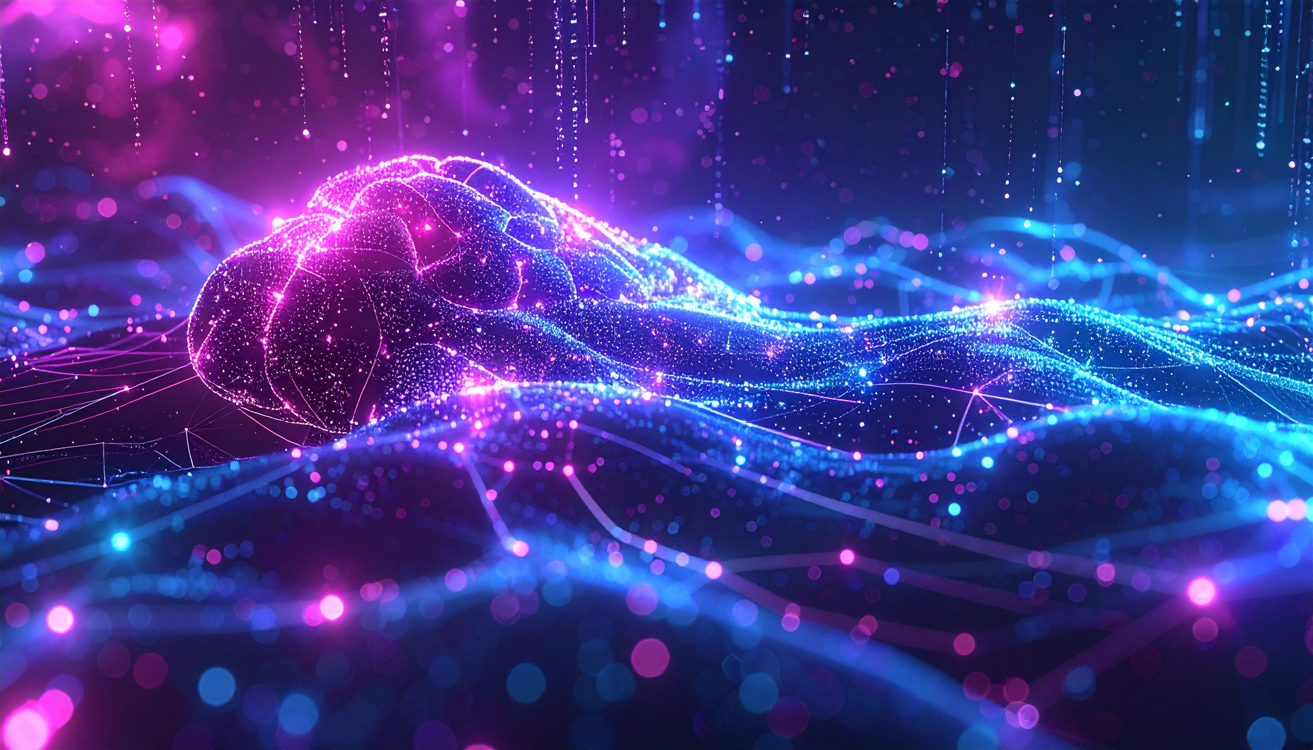 A vibrant digital landscape with glowing neural connections in pink and blue hues