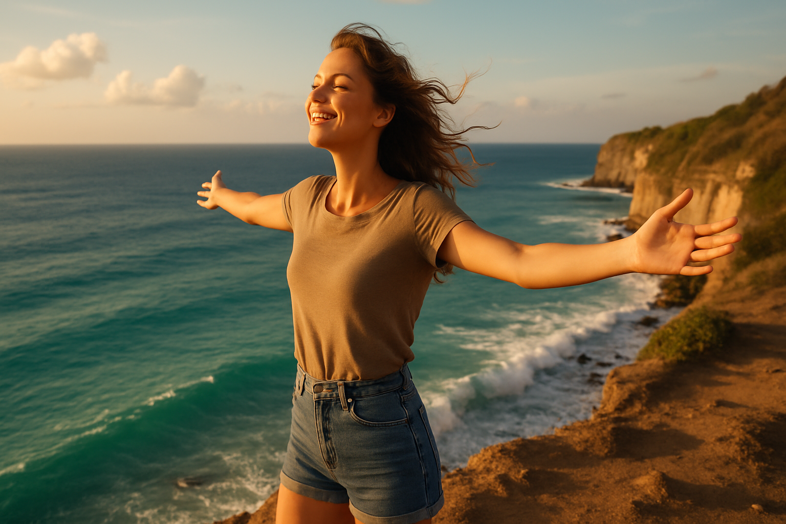 Mulher sorridente de braços abertos em um penhasco à beira-mar, iluminada pelo sol poente. O cenário inclui um oceano azul e céu parcialmente nublado, com uma atmosfera de liberdade e tranquilidade. A composição destaca a interação entre a figura humana e a natureza ao fundo, capturada em um ângulo médio com foco nítido.