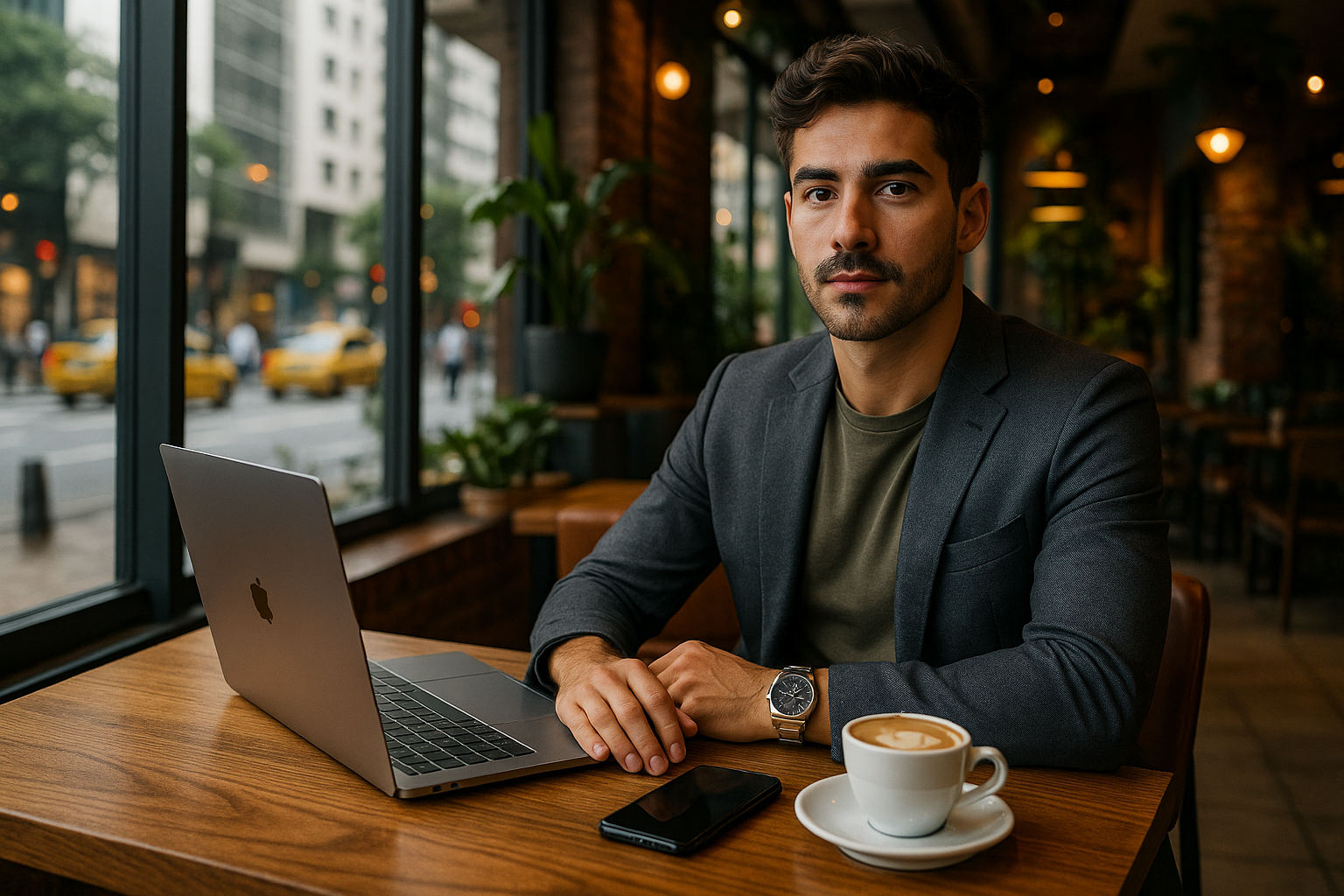 A imagem apresenta um ambiente de café moderno e acolhedor. O homem está sentado em uma mesa de madeira clara, com um laptop prateado à sua frente. Ele veste um blazer escuro e uma camiseta verde. Ao lado do laptop, há um smartphone preto e uma xícara de café em um pires branco. O fundo é composto por grandes janelas que mostram a cidade com táxis amarelos. As plantas em vasos adicionam um toque de natureza ao espaço.