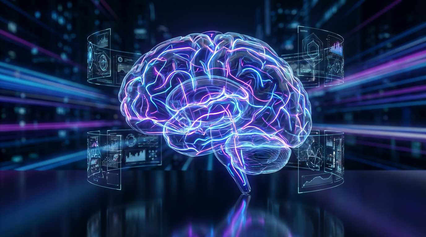 A digital rendering of a brain with neon circuits symbolizes advanced technology
