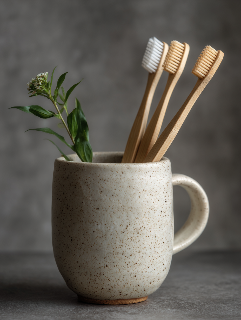 Três escovas de dentes de bambu com cerdas variando de branco a bege, dispostas dentro de uma caneca de cerâmica texturizada, ao lado de um ramo verde. A composição minimalista é destacada por uma iluminação suave em fundo cinza, criando um ambiente sereno e natural. O foco é nítido nos detalhes das escovas e da cerâmica, realçado pelo ângulo reto que enfatiza a simplicidade e a estética sustentável.