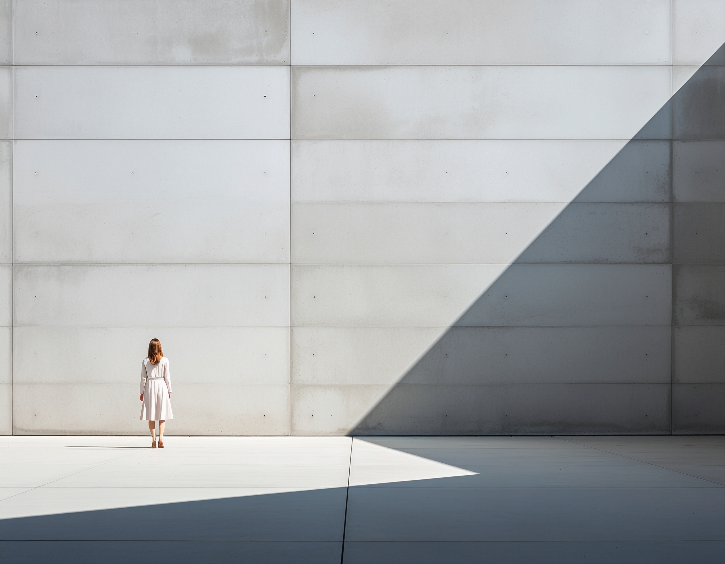 An individual in a white dress stands against a vast concrete wall with sharp shadow lines