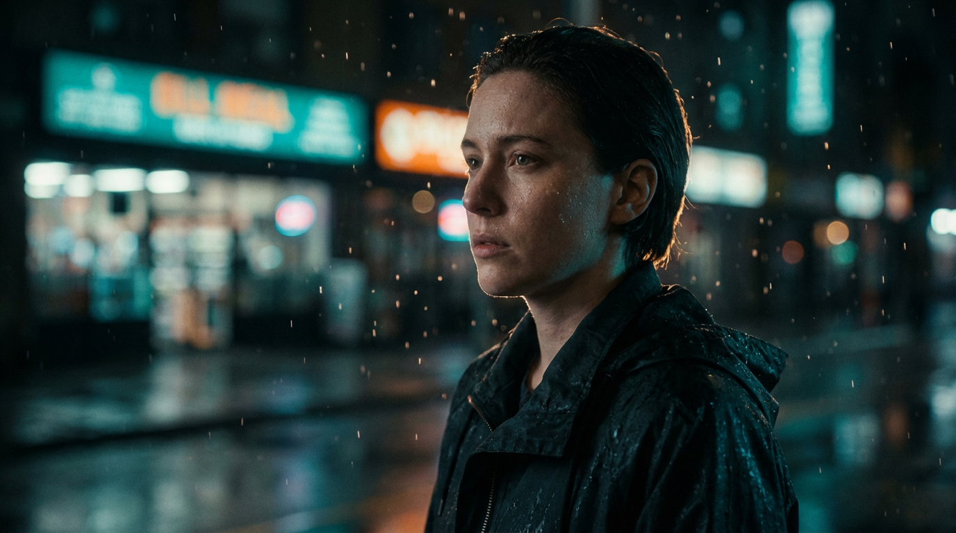 A person stands in the rain at night on a city street
