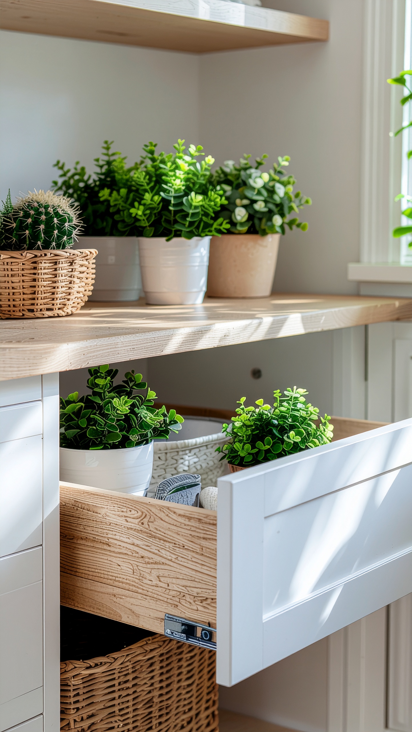 A cozy indoor garden setting features a variety of potted plants on wooden shelves
