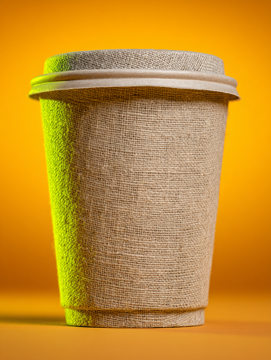 Copo de café com textura de juta em fundo laranja vívido, iluminado por luz verde suave, criando um contraste intrigante e moderno.