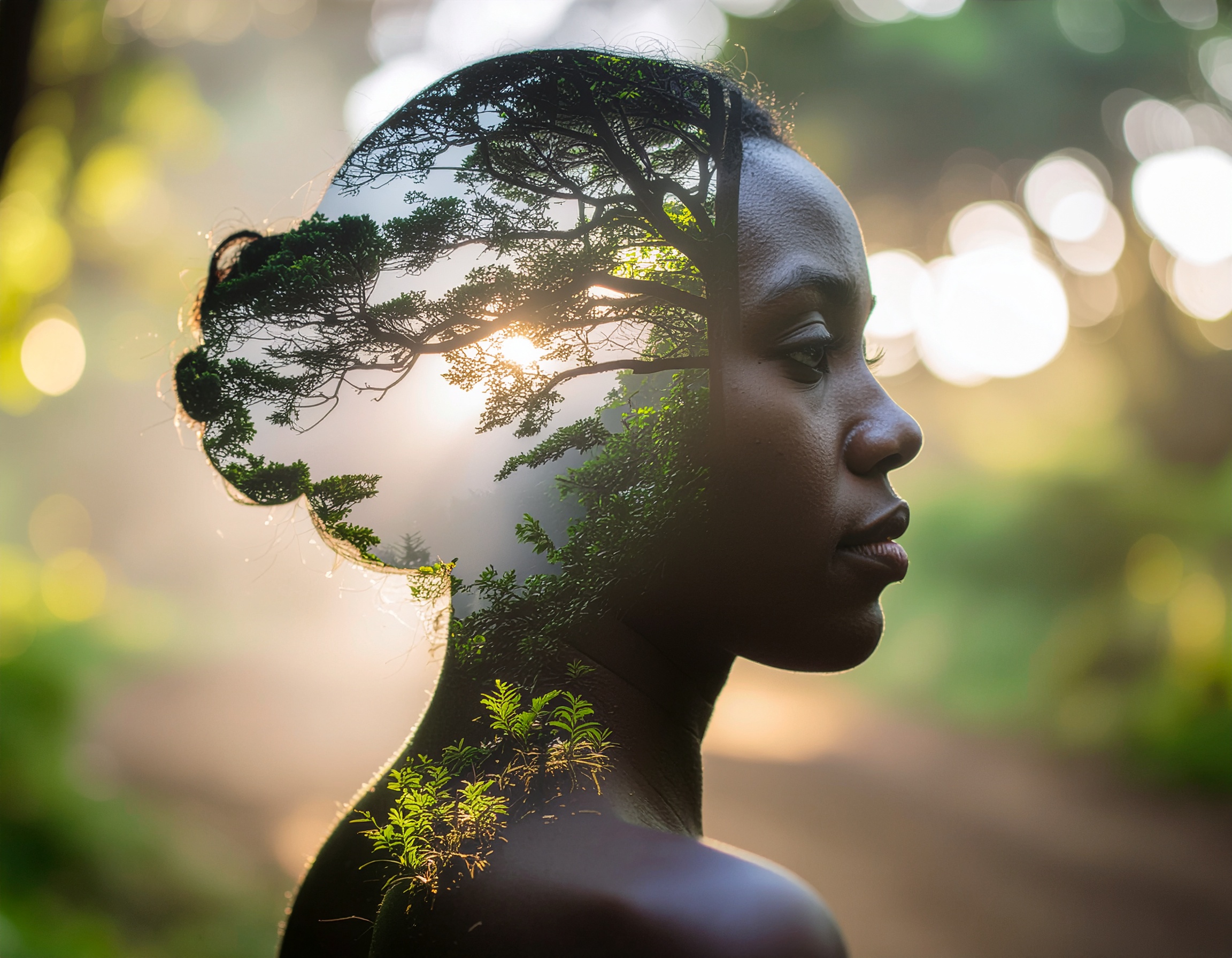 A double exposure image blends a woman's silhouette with lush green trees