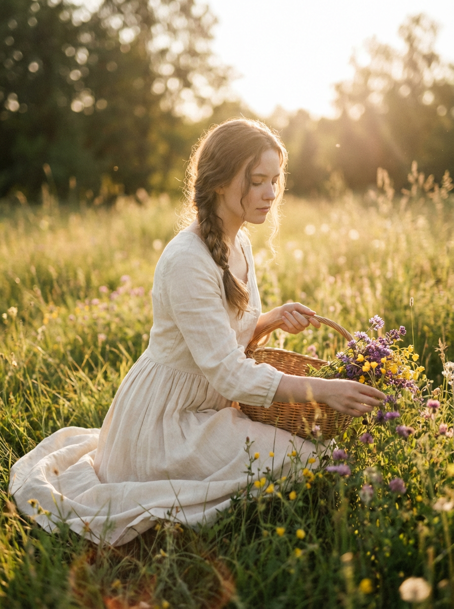 A young woman in a simple, elegant dress gathers wildflowers in a sunlit meadow