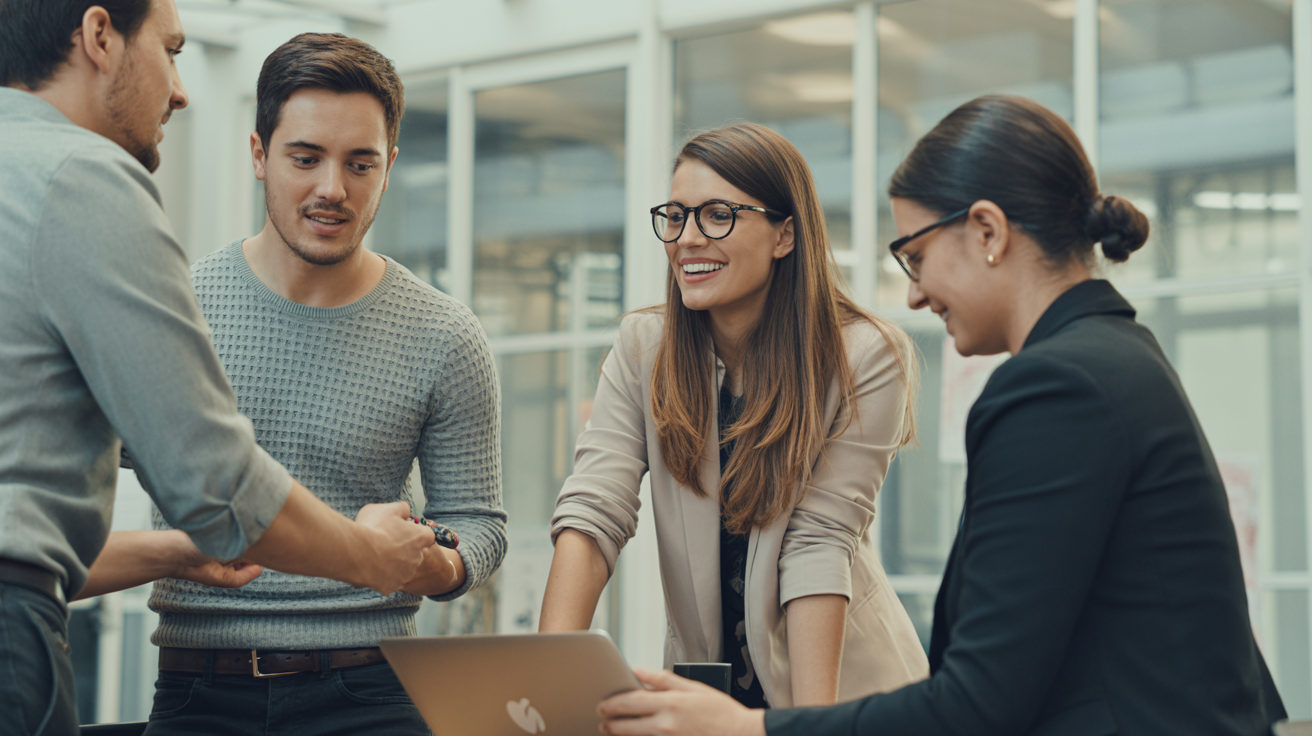 Grupo de profissionais discutindo em uma reunião descontraída. Esta cena é ideal para ilustrar dinâmicas colaborativas em ambientes de trabalho modernos. O ambiente é iluminado e descontraído, com pessoas vestindo roupas casuais e formais. Adequado para representar reuniões criativas em empresas inovadoras. Transmite um sentimento de cooperação e criatividade no trabalho.