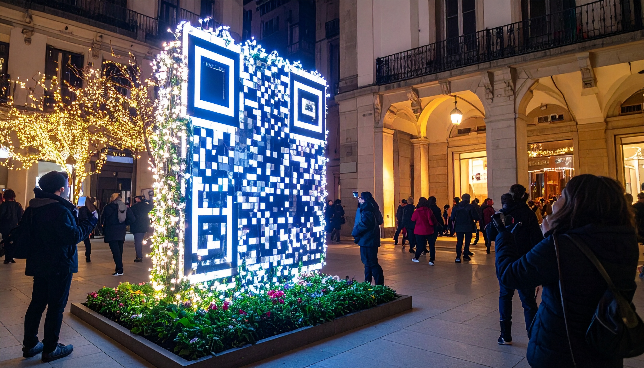 Uma escultura luminosa de QR code adorna uma praça movimentada à noite. Esta instalação artística serve como um ponto de interação social e atração para visitantes. Com luzes brilhantes em tons de azul e branco, a estrutura se destaca entre as árvores iluminadas ao fundo. Ideal para eventos de marketing urbano, festivais ou campanhas publicitárias criativas. A peça oferece uma experiência visual marcante, misturando tecnologia e arte de forma inovadora.
